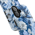 Blue floral watercolor phone case with soft muted indigo rose and botanical bloom pattern — painterly vintage-inspired full-wrap design, dual-layer shockproof iPhone cover with UV-protected glossy finish

