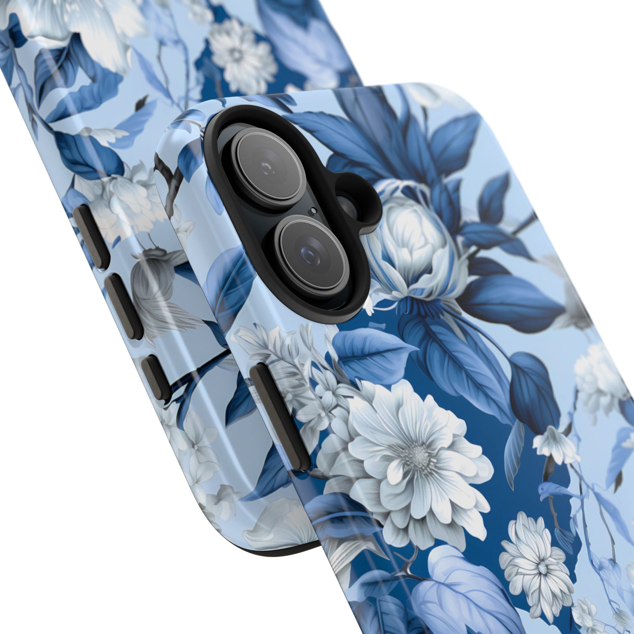 Blue floral watercolor phone case with soft muted indigo rose and botanical bloom pattern — painterly vintage-inspired full-wrap design, dual-layer shockproof iPhone cover with UV-protected glossy finish

