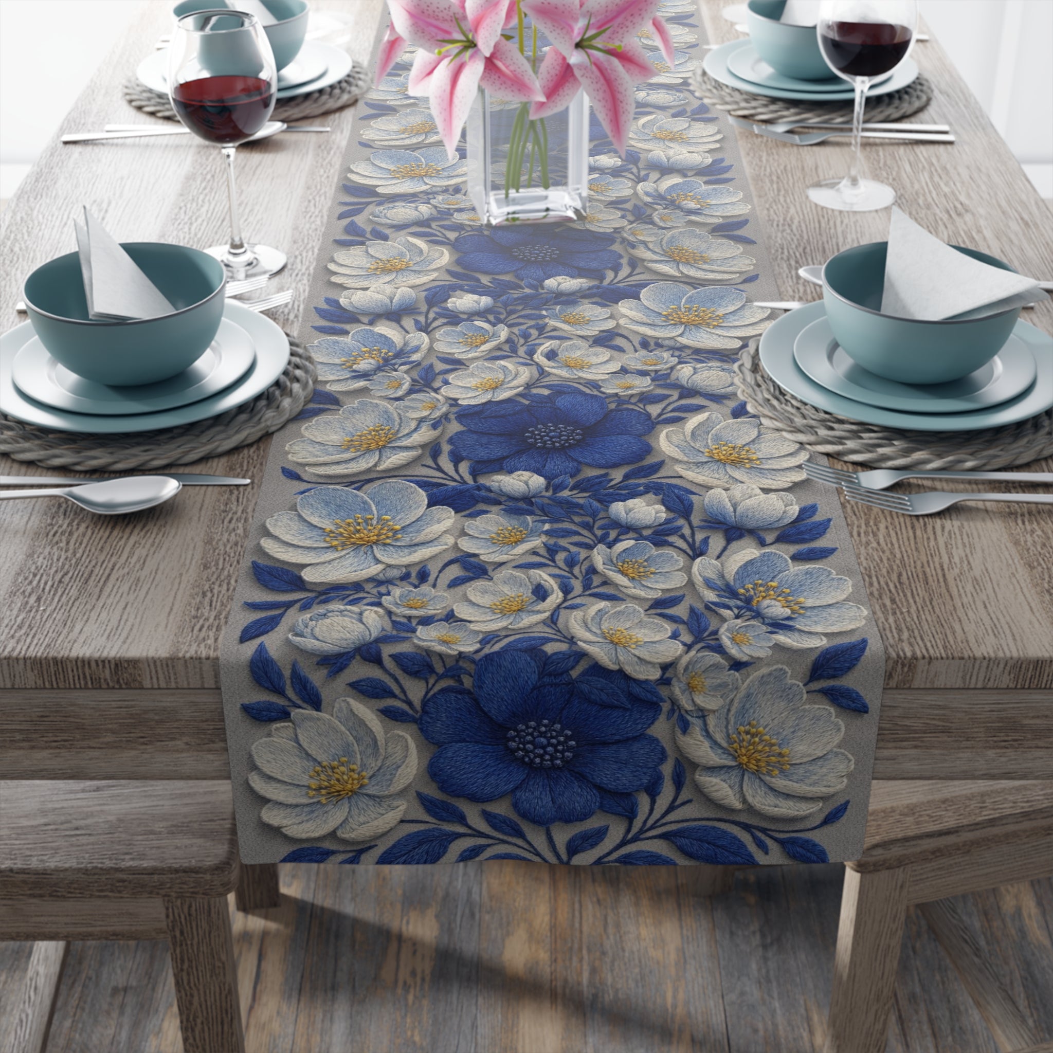 Denim Soul Floral Table Runner – Indigo & Navy Blooms | Cotton Twill or Polyester
