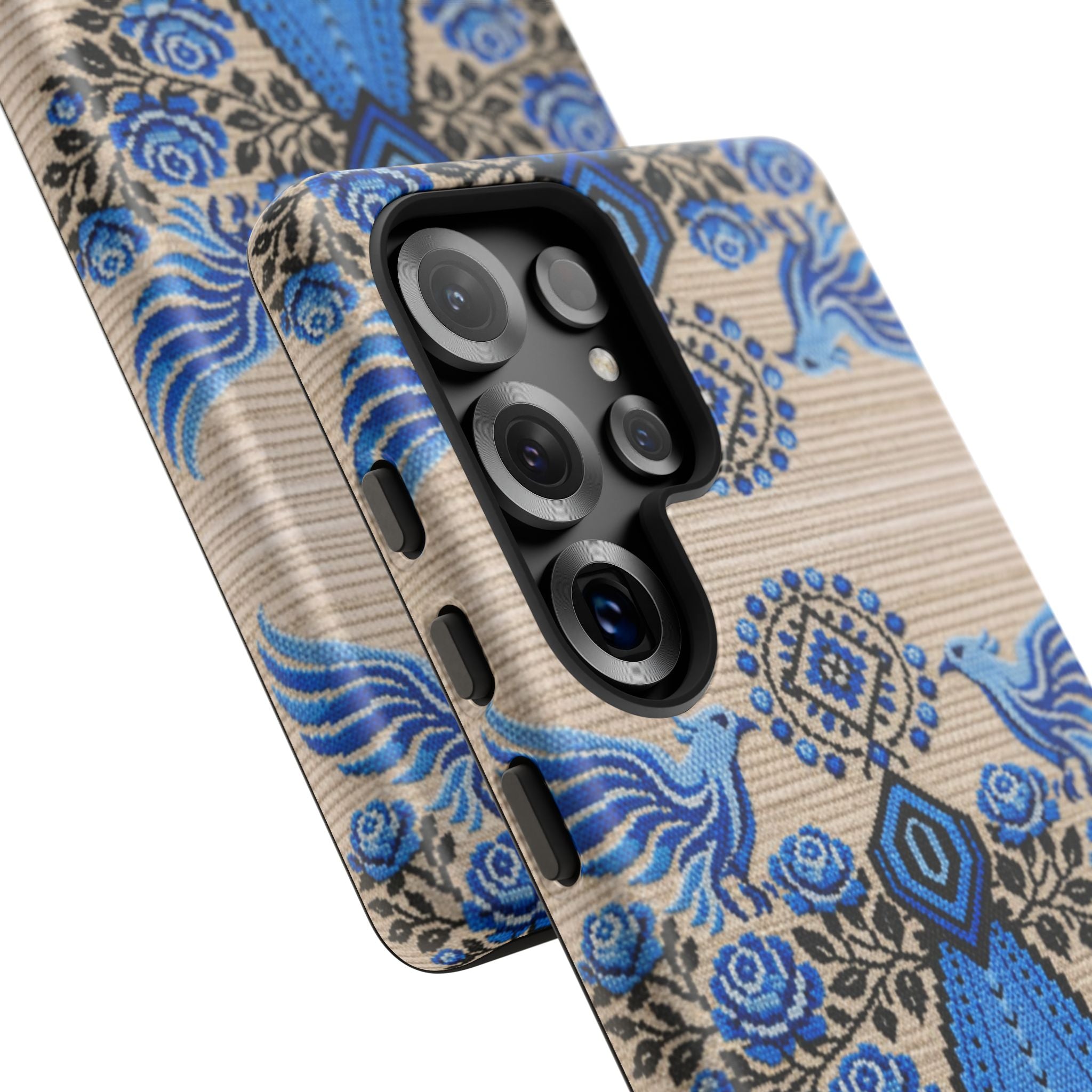 Ukrainian Phone Case  Blue Black Berehynia Design, Falcons & Roses Folk Art, Slavic Embroidery Style Protective Cover