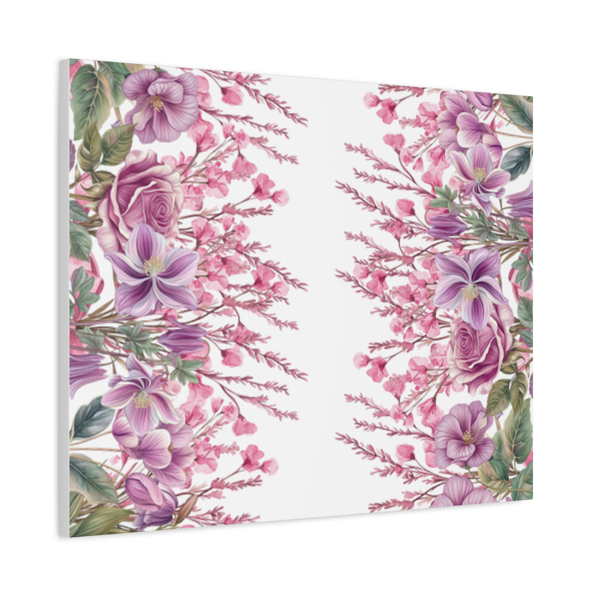 Floral Matte Canvas Wall Art, Pink Purple Botanical Print, Modern Symmetrical Flower Design, Stretched 1.25" Canvas Home Decor