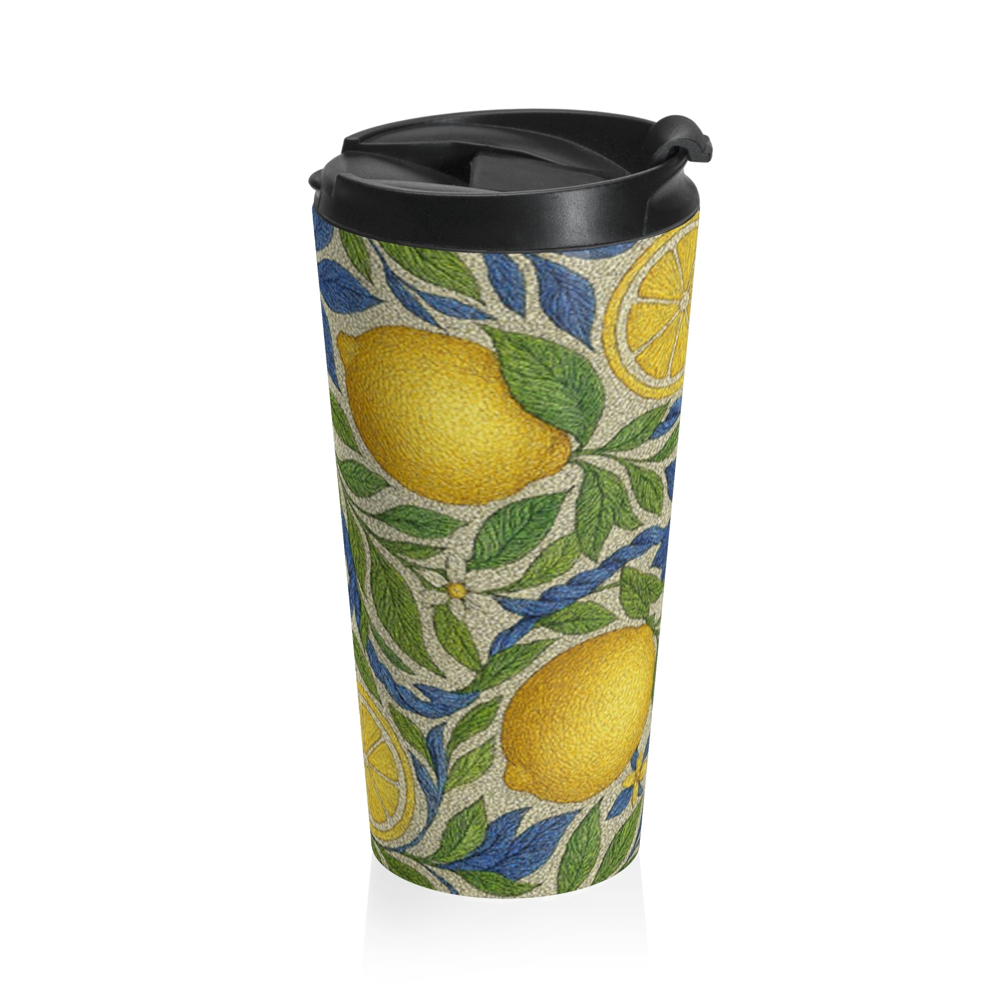 A stainless steel travel mug with a seamless all-over print of yellow lemons and blue flowers, featuring a black flip-top lid, isolated on white.