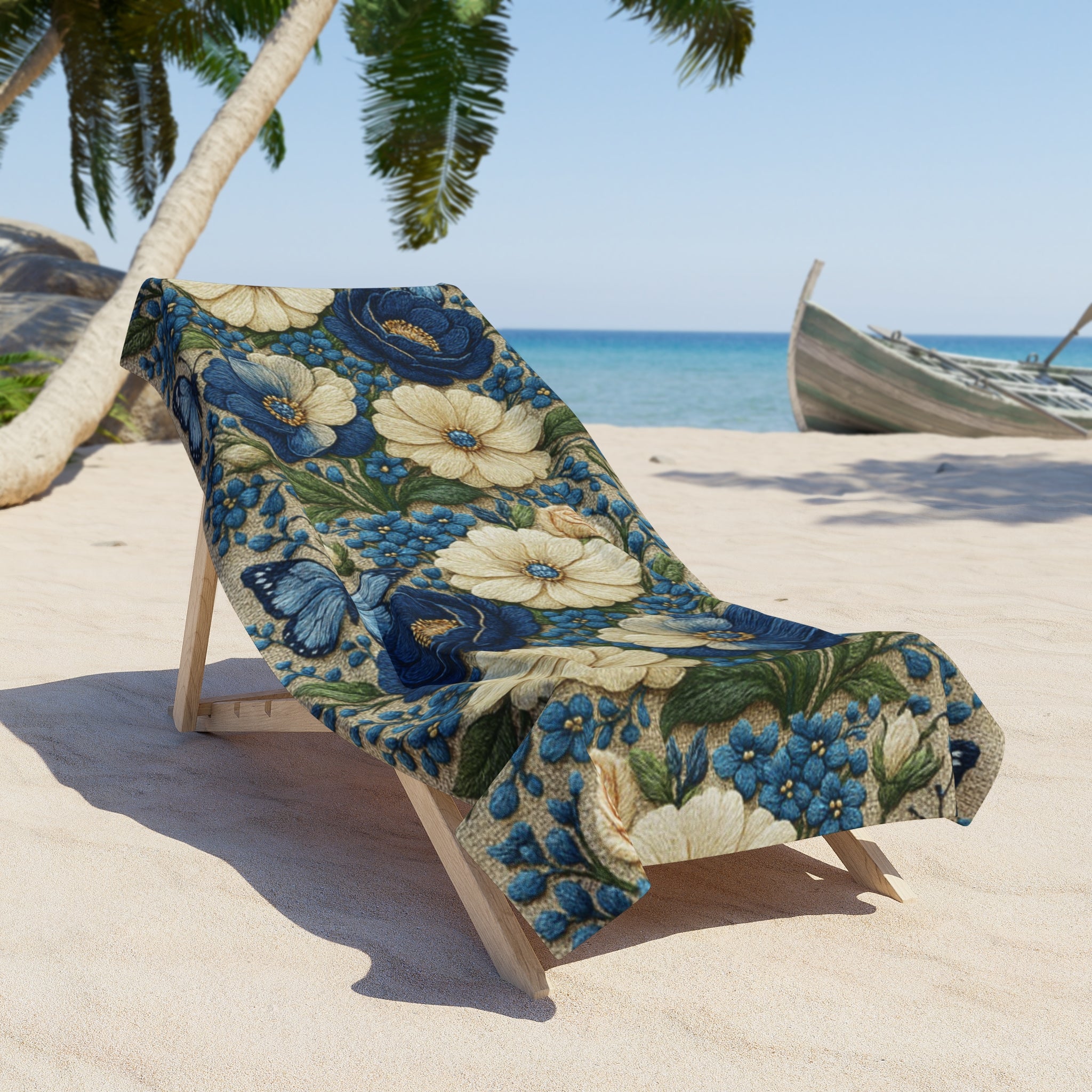 Wild Beauty Floral Beach Towel | Blue Cream Botanical Cottagecore Pool Towel | Quick Dry Cotton