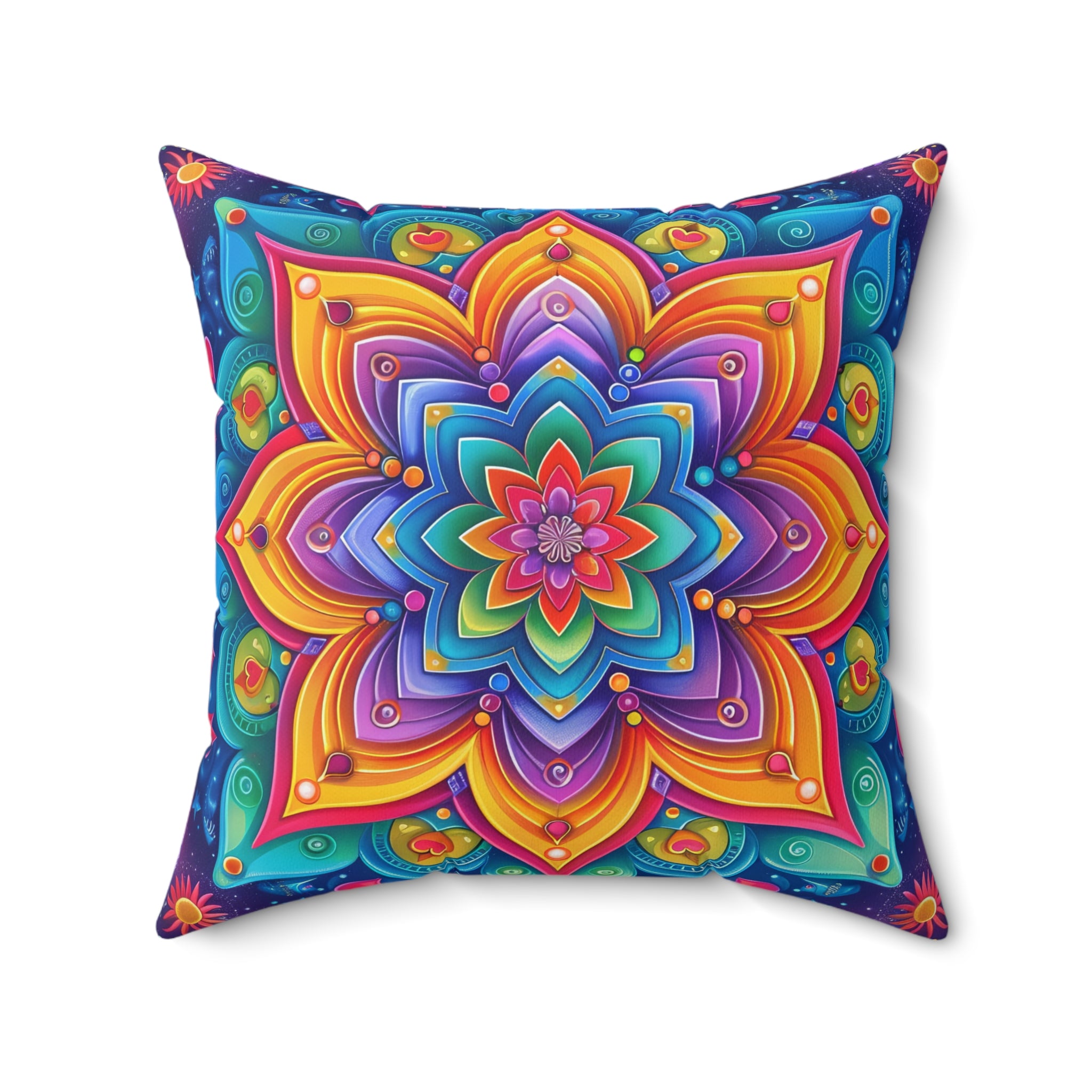 Rainbow Floral Mandala Spun Polyester Square Pillow, Colorful Boho Home Decor, gift for parents, housewarming, cottage core