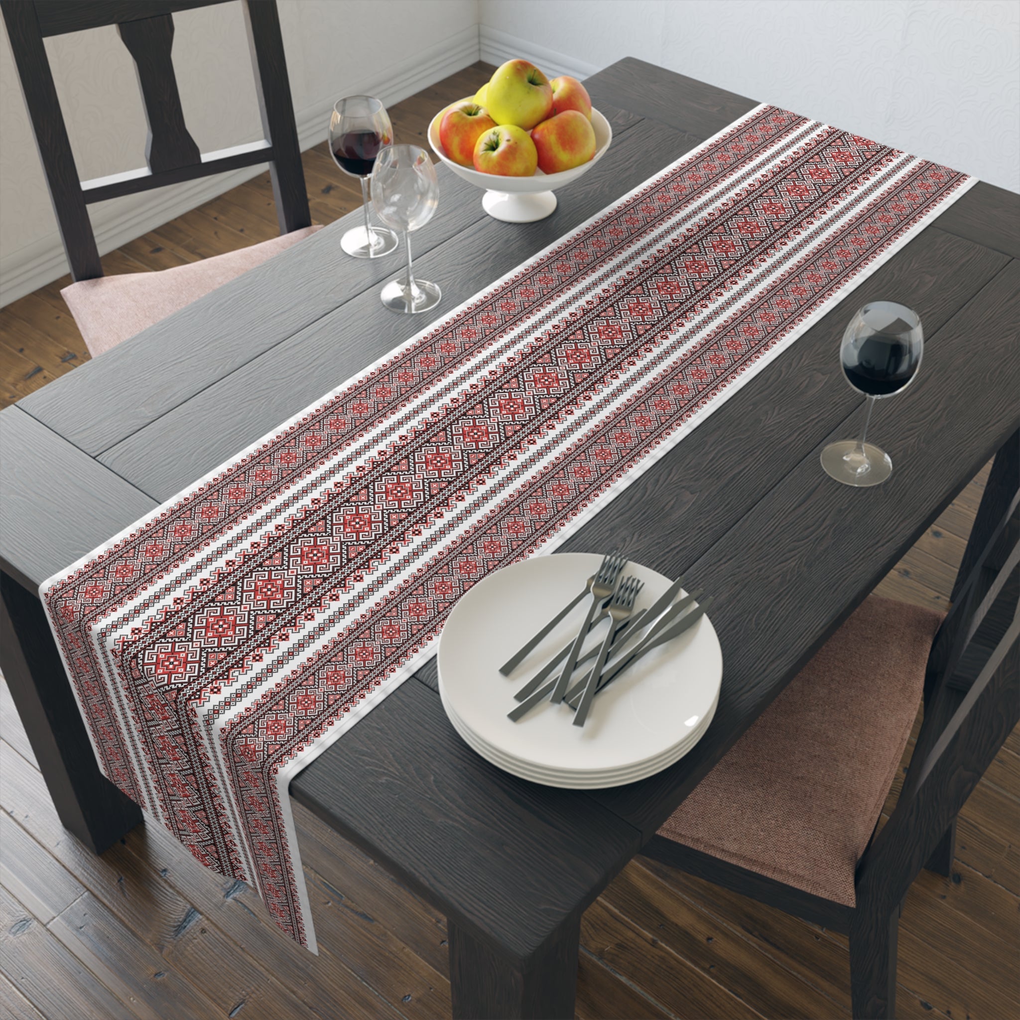 Stasia Red Folk Art Table Runner | Ukrainian Heritage Red & Black Geometric Linen