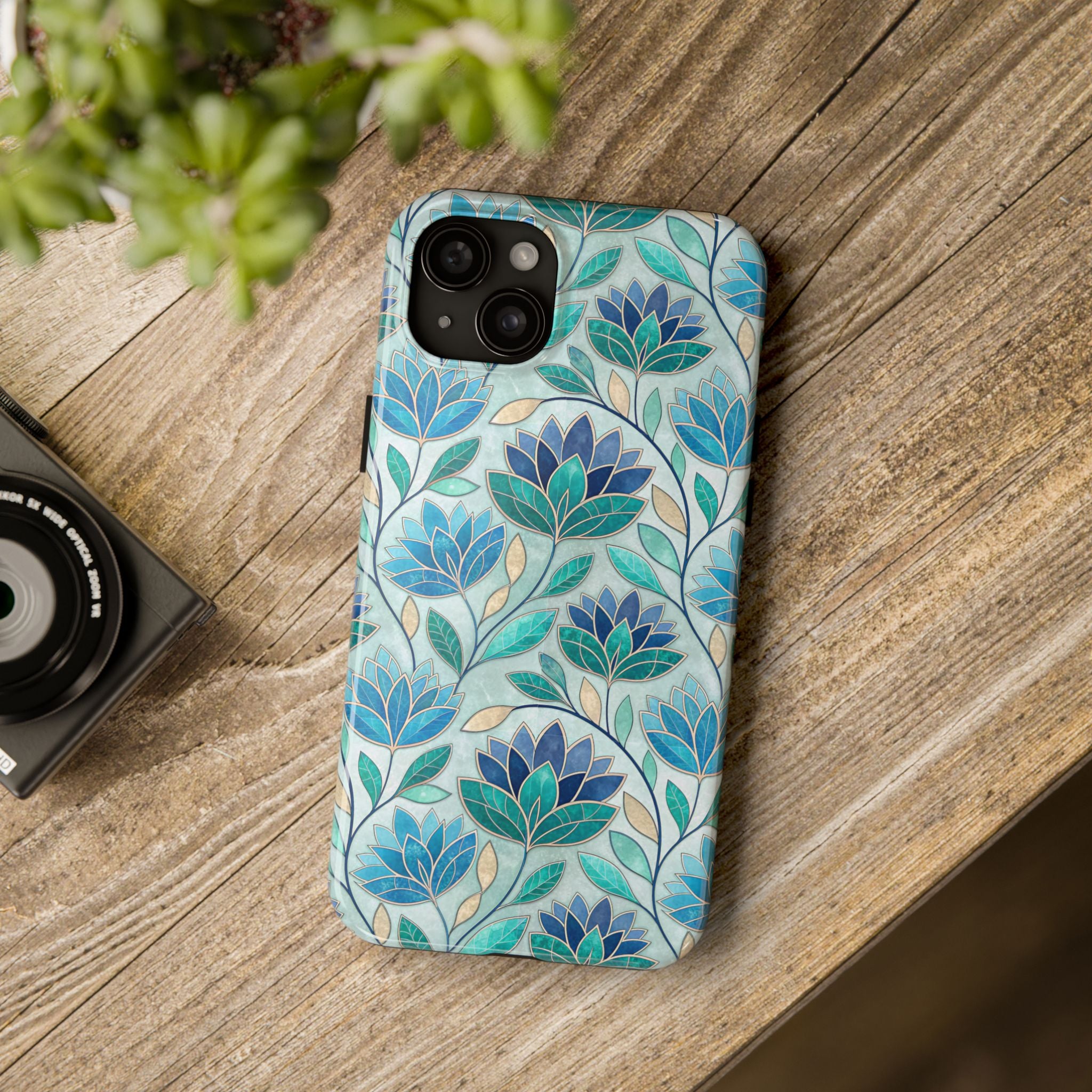 BLUESKYDEZIGN | Mosaic Stained Glass Phone Case | Teal Blue Floral Watercolor iPhone Cover | Artistic Gift for Her