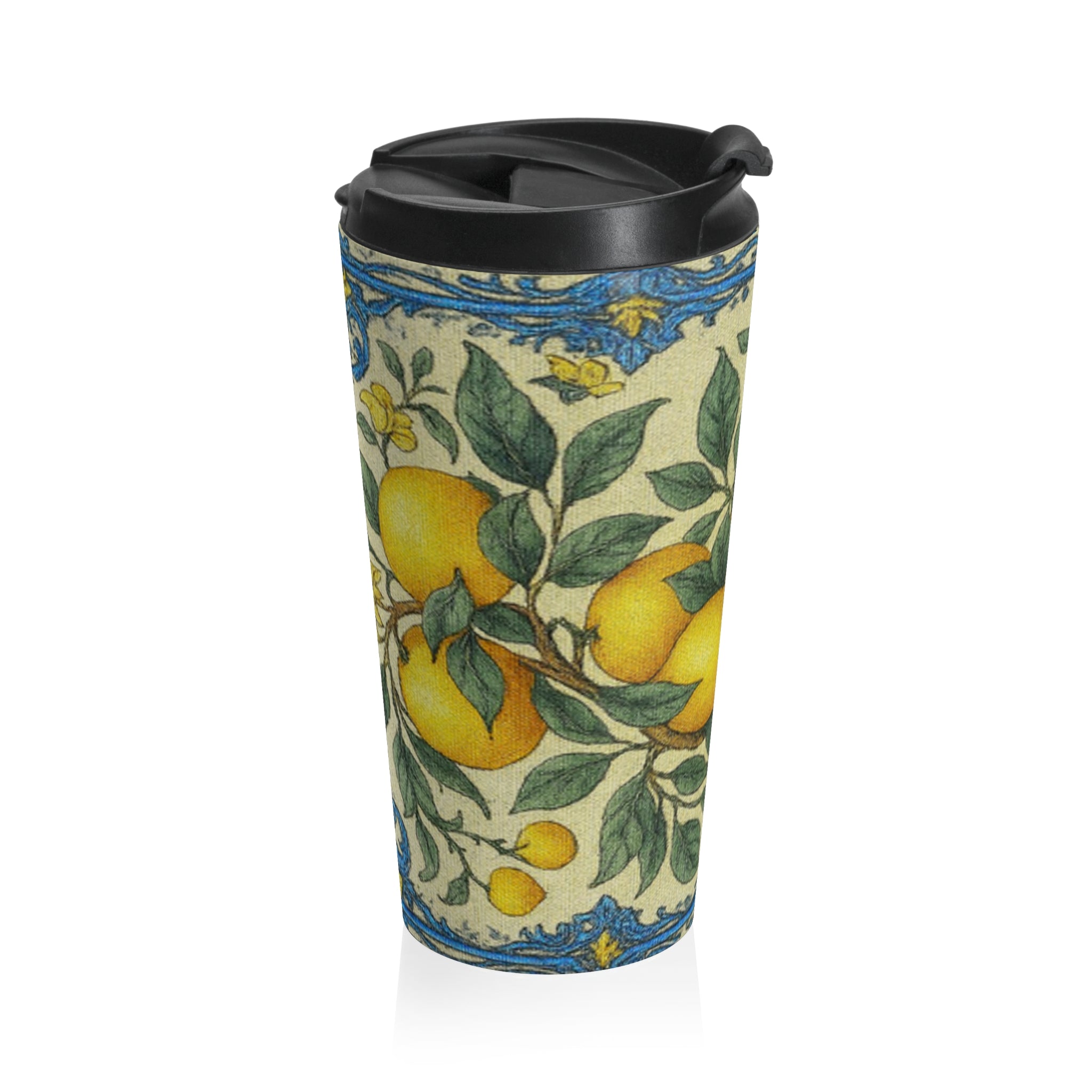 Citrus Riviera Lemon Botanical Travel Mug – 15oz Insulated Stainless Steel Coffee Tumbler | Mediterranean Style