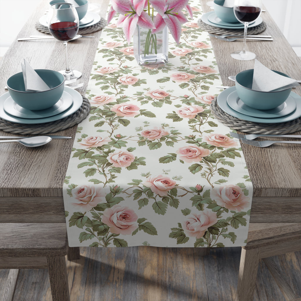 BLUESKYDEZIGN Vintage Pink Rose Vine Table Runner - Floral Toile de Jouy Decor