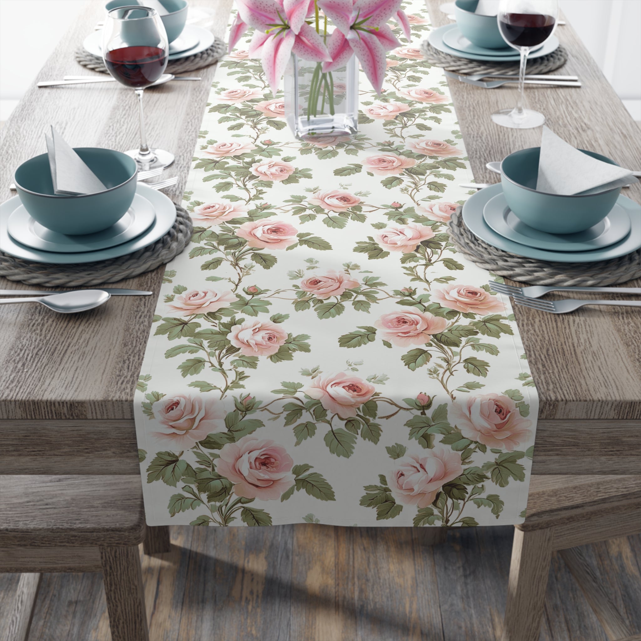 Vintage Pink Rose Vine Table Runner, Floral Dining Table Linen, Toile de Jouy seamless pattern