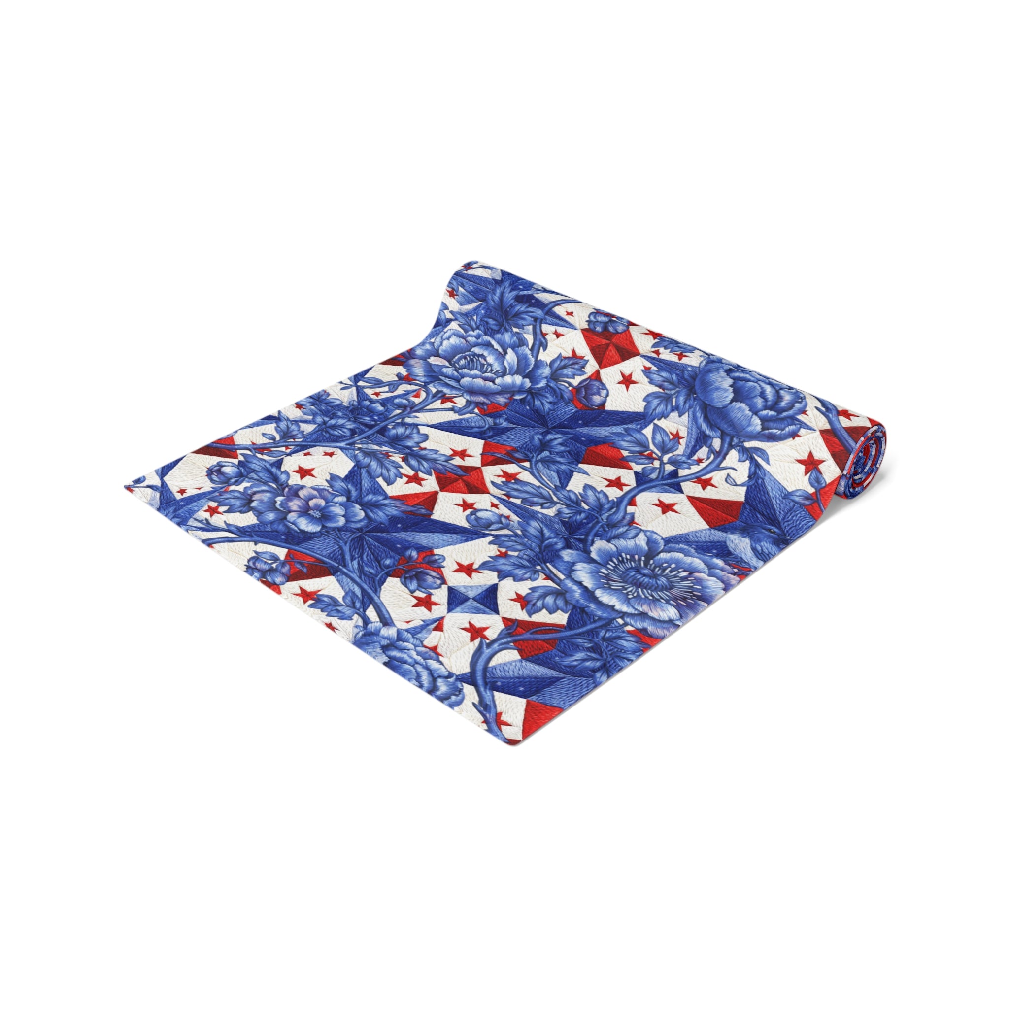 America 250th Anniversary Table Runner - Blue Toile-Inspired Floral & Patriotic Stars Patchwork Decor