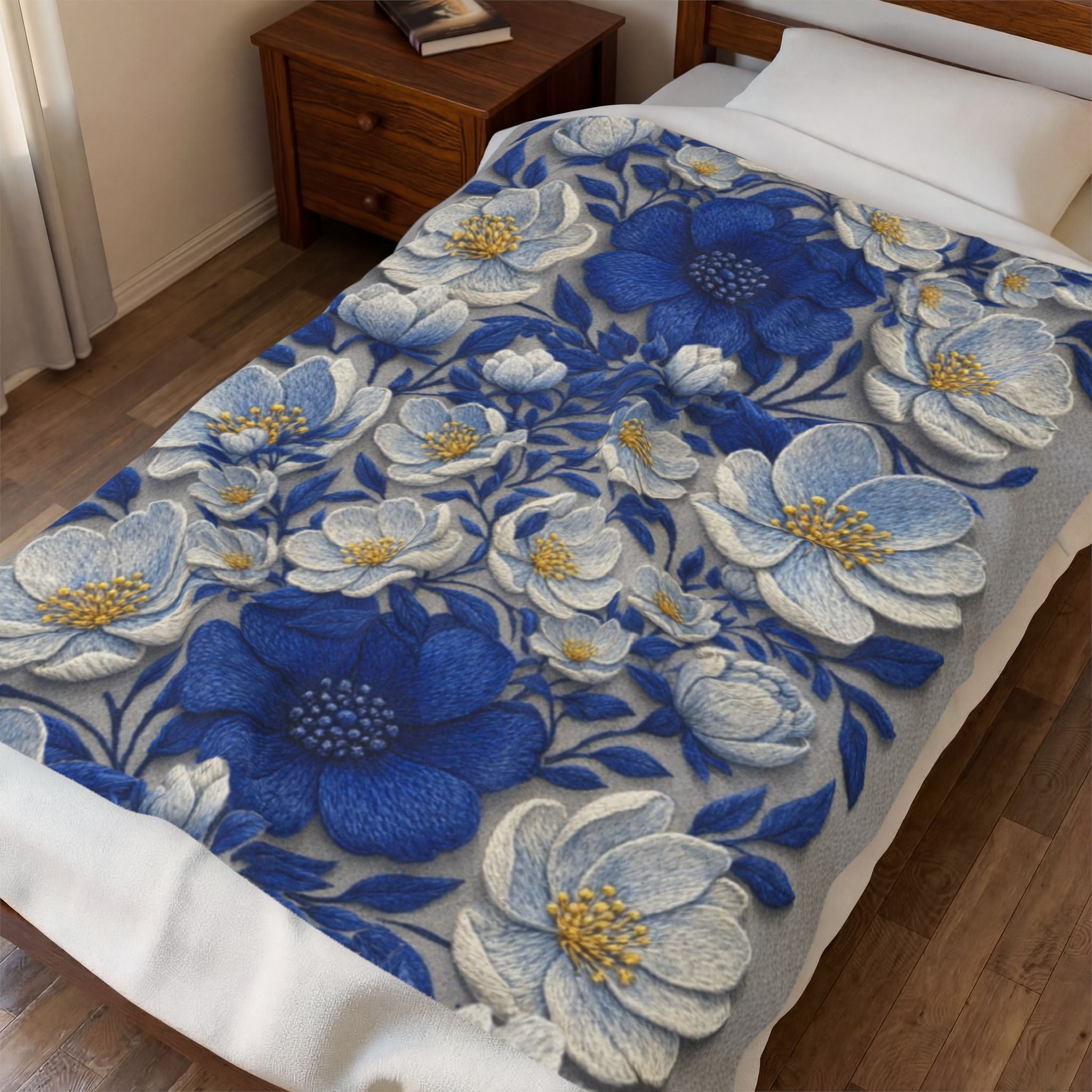 Denim Soul Indigo Floral Velveteen Blanket – Plush Throw for Bed & Sofa
