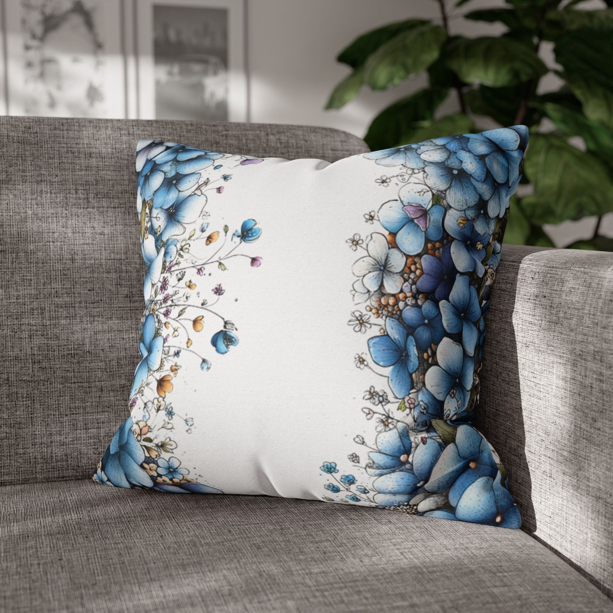Blue Floral Pillowcase 1piece, Polyester Cushion Cover, Elegant Blue and White Flower Throw Pillow Case, Spring Home Decor