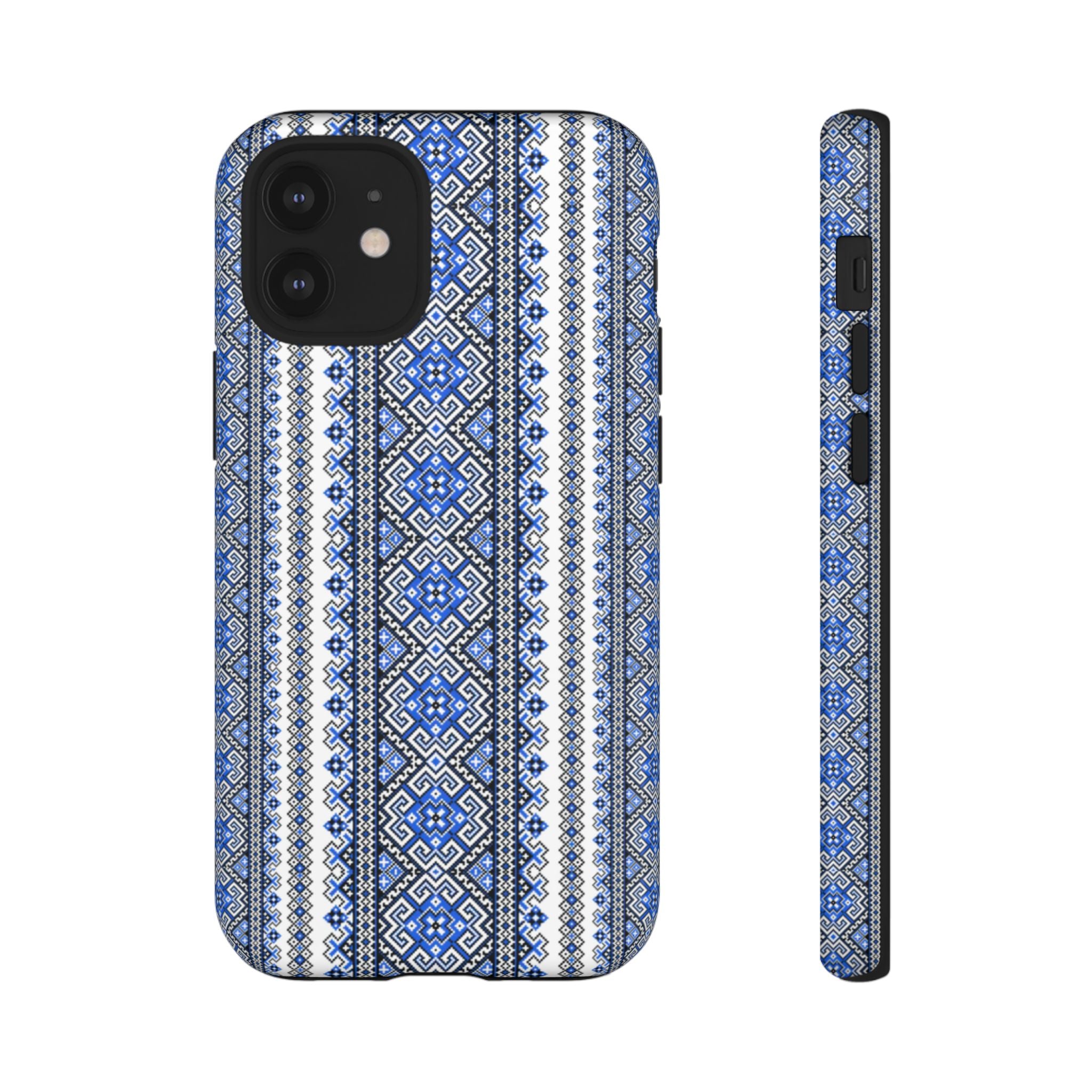 Ukrainian Pattern iPhone Case, Blue Black Geometric Folk Design, Protective Phone Cover, Traditional Ethnic Print