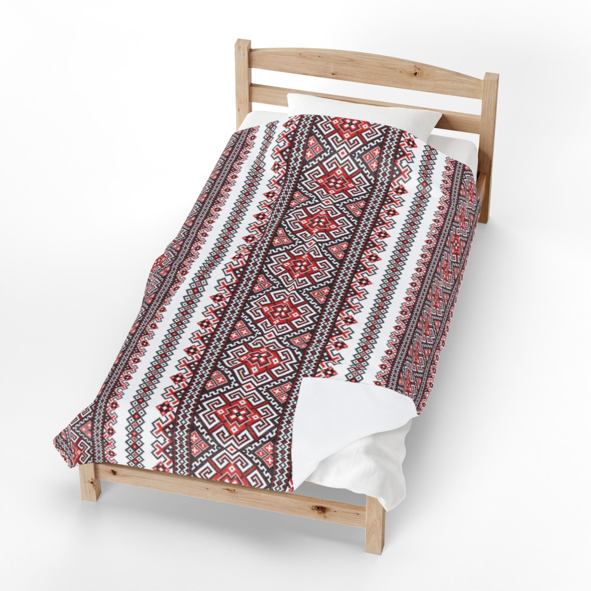 Stasia Red Ukrainian Folk Art Blanket - Velvet Plush Throw, Red & Black Geometric Pattern, Slavic Heritage Gift
