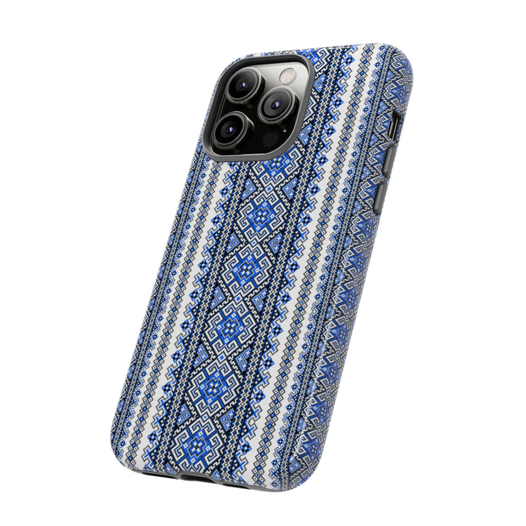 Ukrainian Pattern iPhone Case, Blue Black Geometric Folk Design, Protective Phone Cover, Traditional Ethnic Print