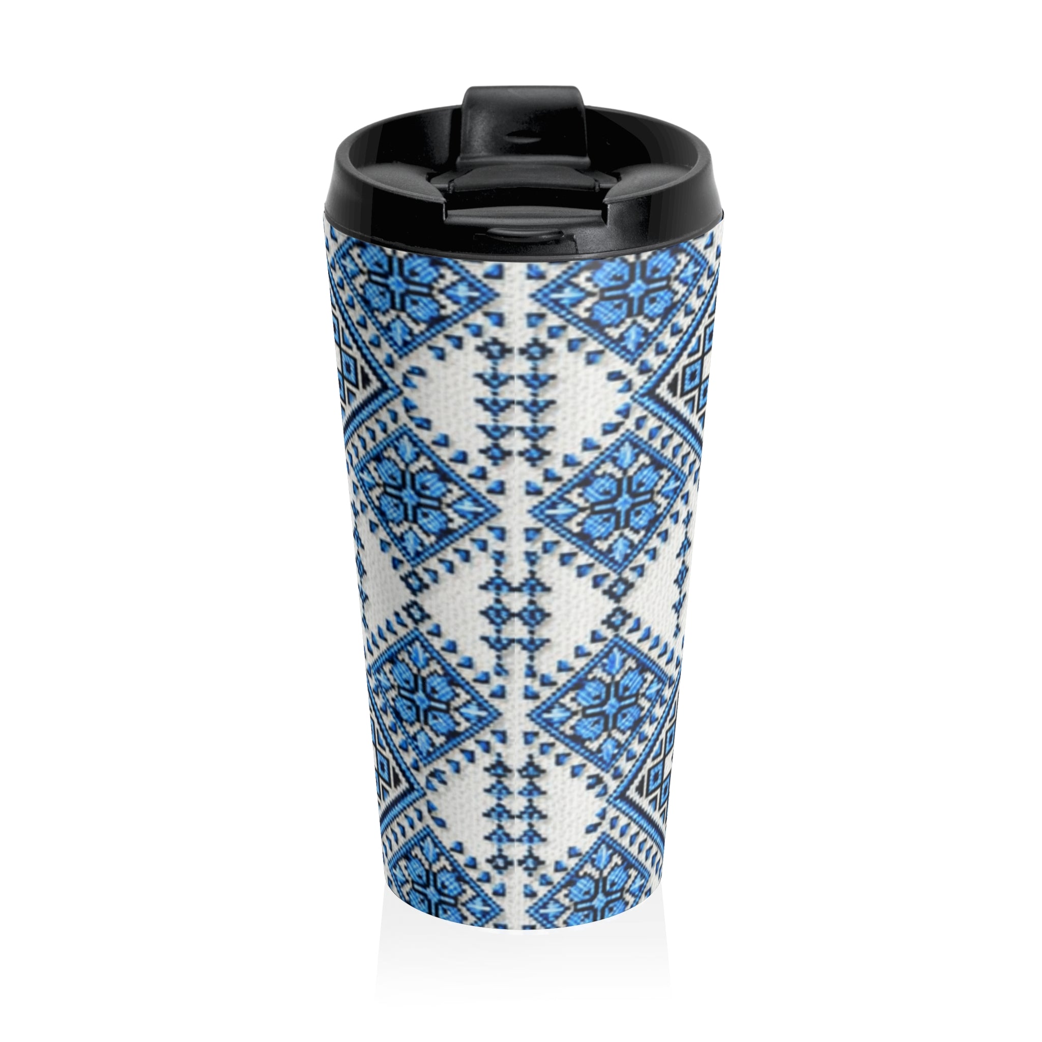 Blue Geometric Plaid Travel Mug — Insulated Stainless Steel Tumbler | BLUESKYDEZIGN
