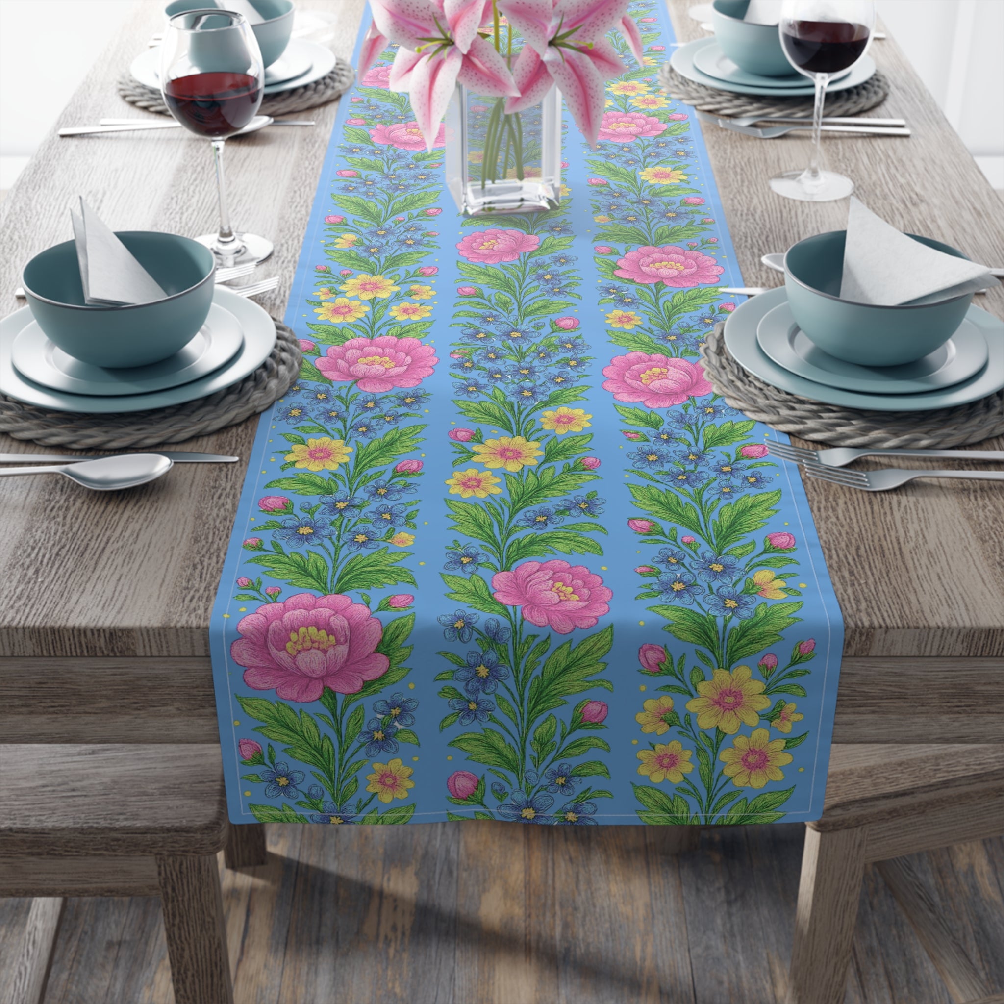 Pastel Floral Table Runner – Soft Pink & Peach Blooms | Cotton or Polyester | BLUESKYDEZIGN