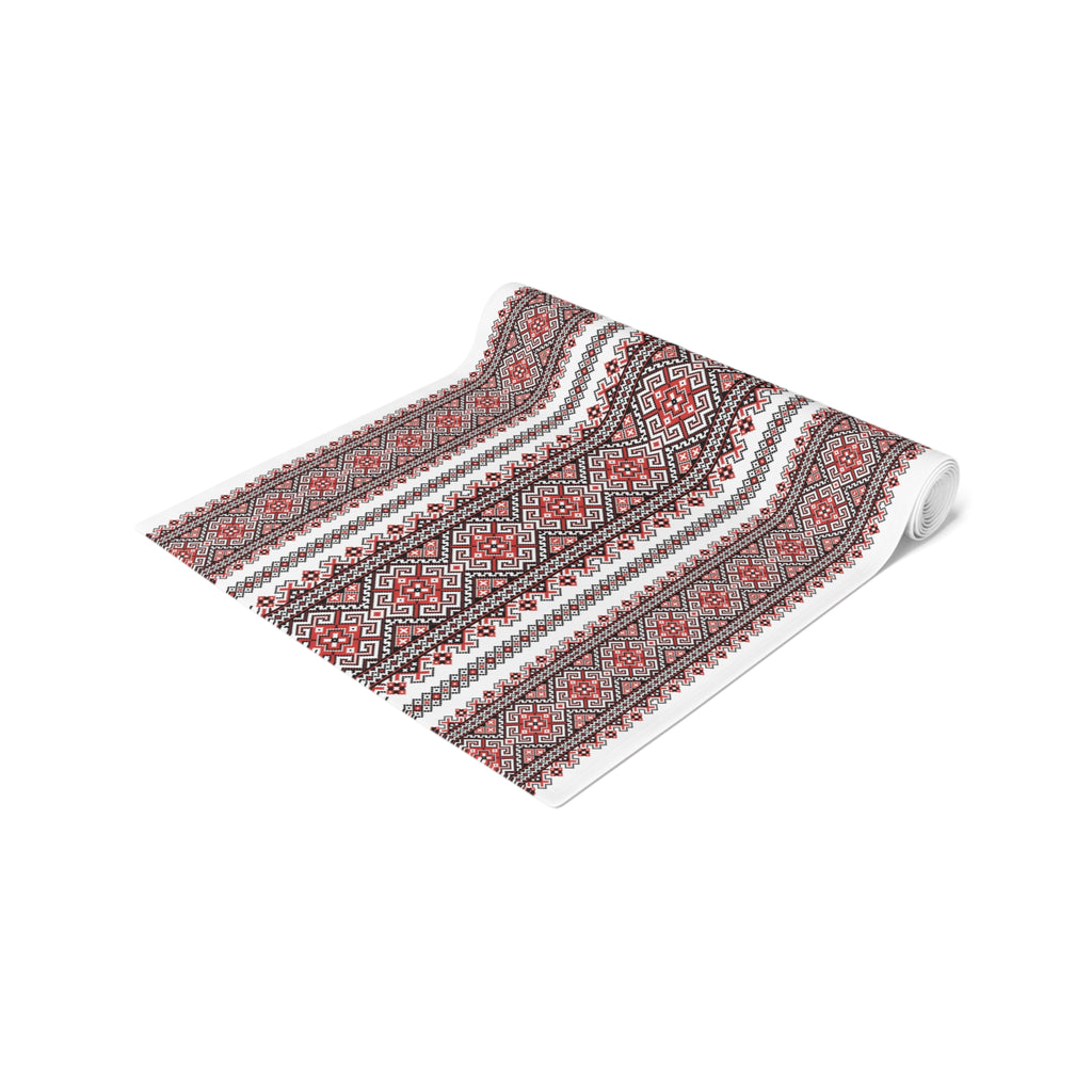 Stasia Red Folk Art Table Runner | Ukrainian Heritage Red & Black Geometric Linen