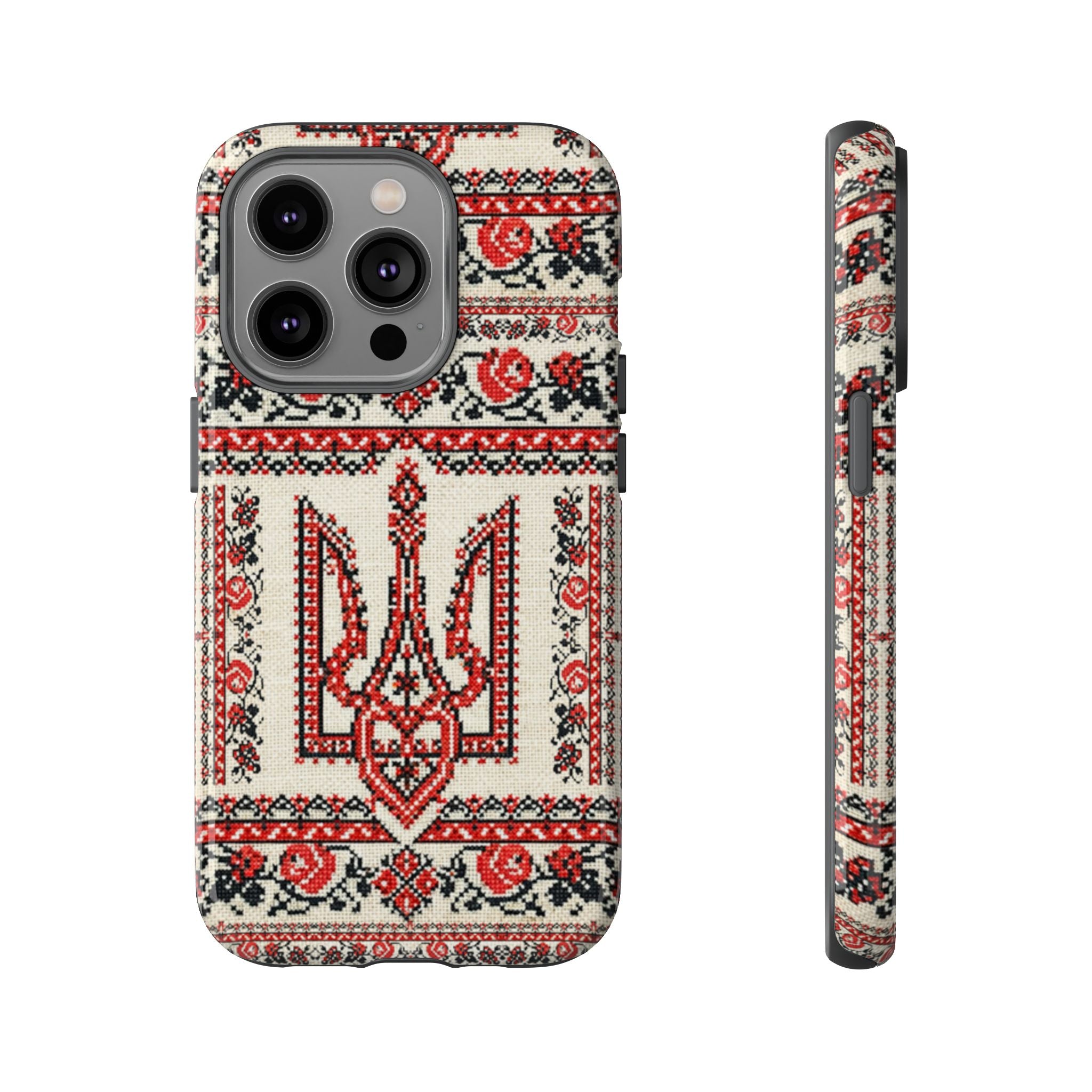 Ukrainian Trident Embroidery Phone Case • Red Black Trident Pattern • Protective Folk Art Cover for iPhone & Samsung