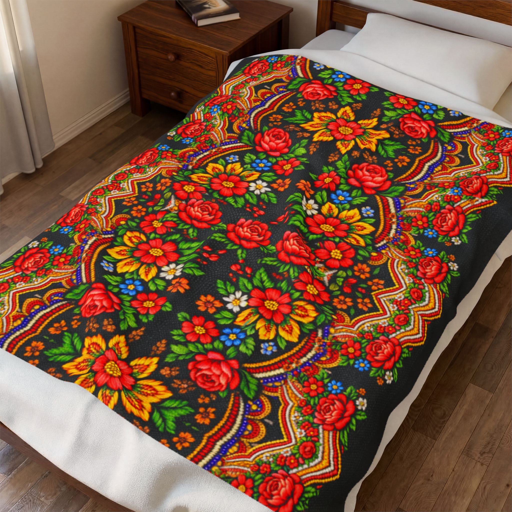 Mother's Bloom Plush Blanket | Ukrainian Folk Art Floral Throw | Boho Heritage Decor