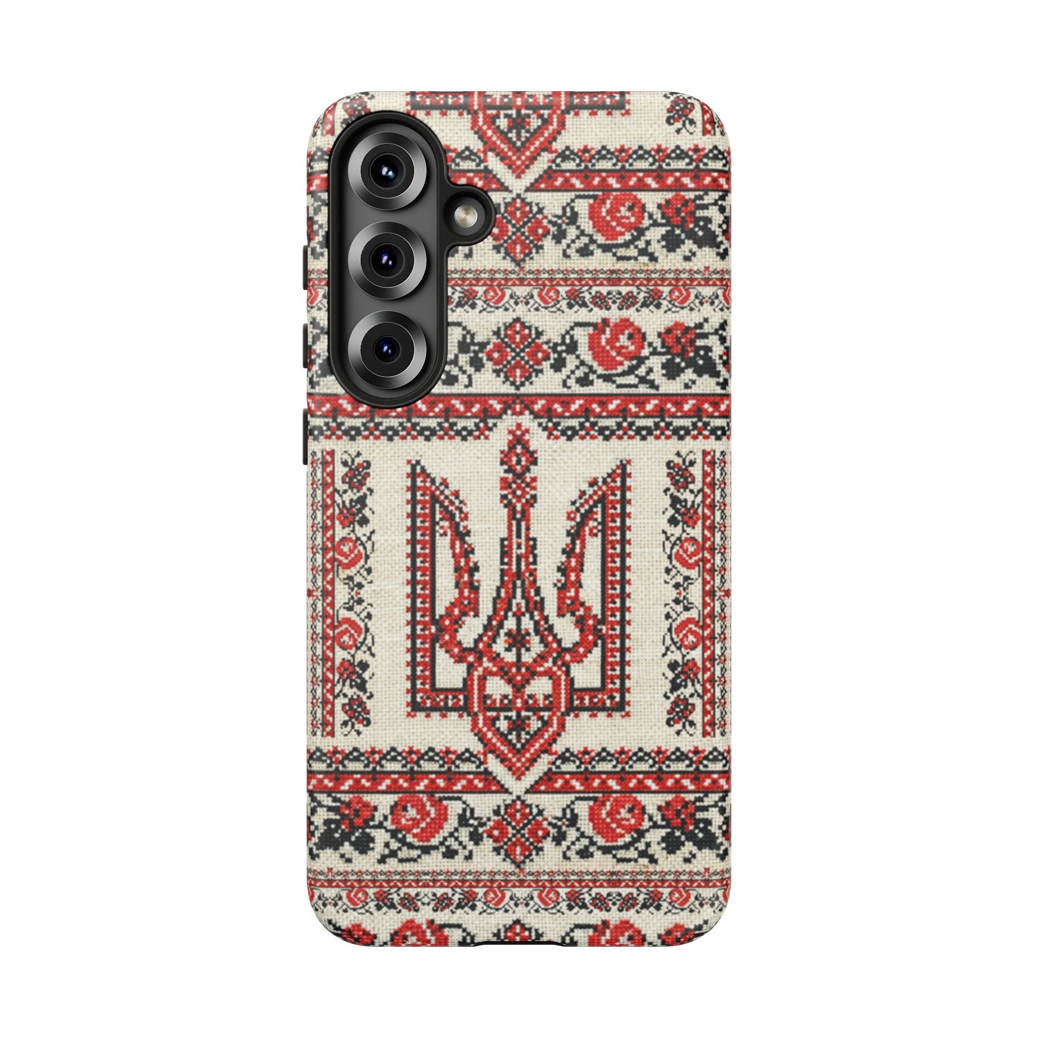 Ukrainian Trident Embroidery Phone Case • Red Black Trident Pattern • Protective Folk Art Cover for iPhone & Samsung