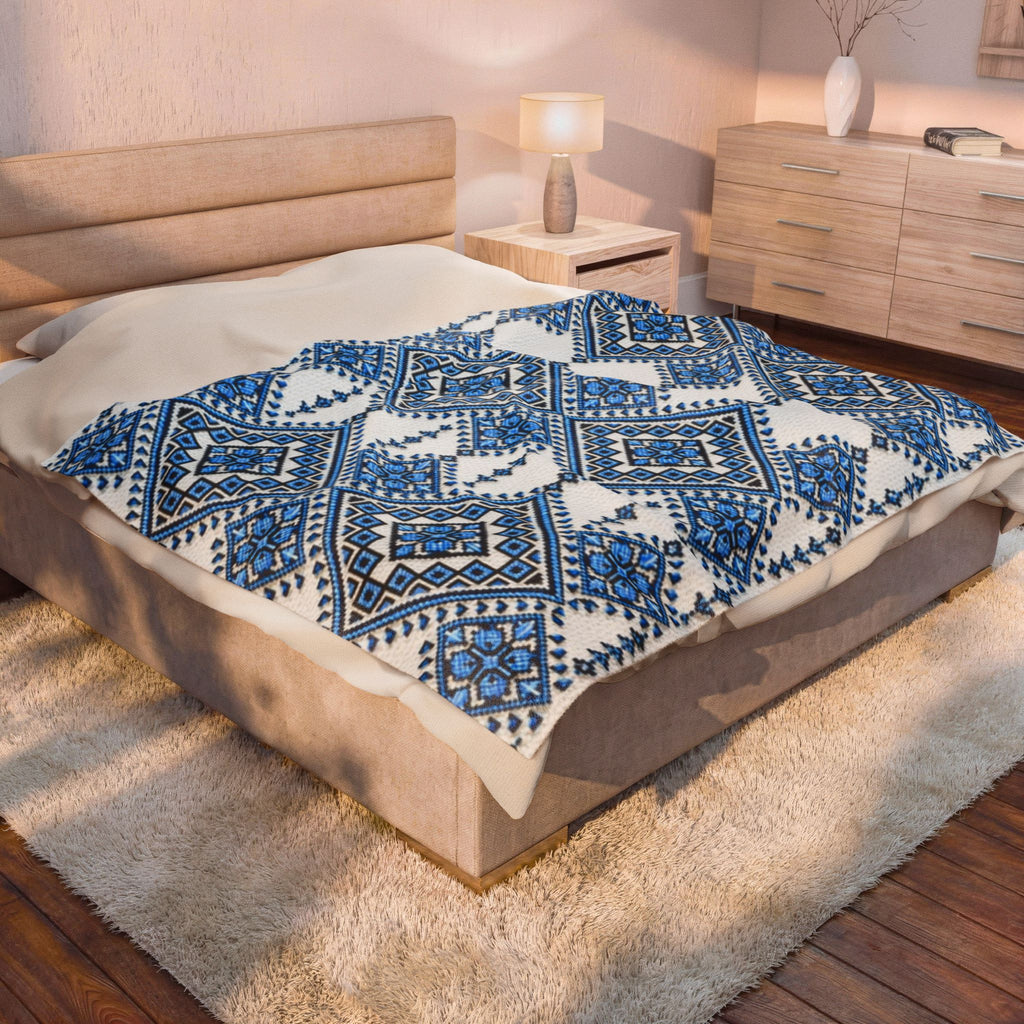 Blue Sky Folk Art Velveteen Plush Blanket | Ukrainian Heritage Geometric Throw