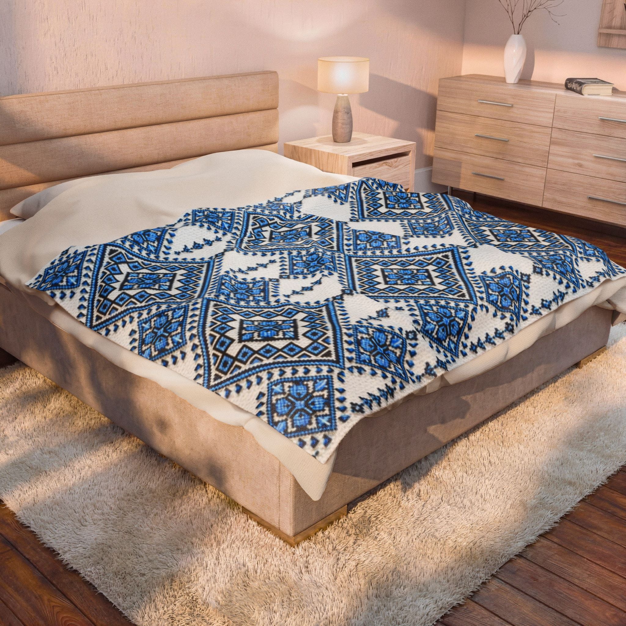 Blue Sky Folk Art Velveteen Plush Blanket | Ukrainian Heritage Geometric Throw