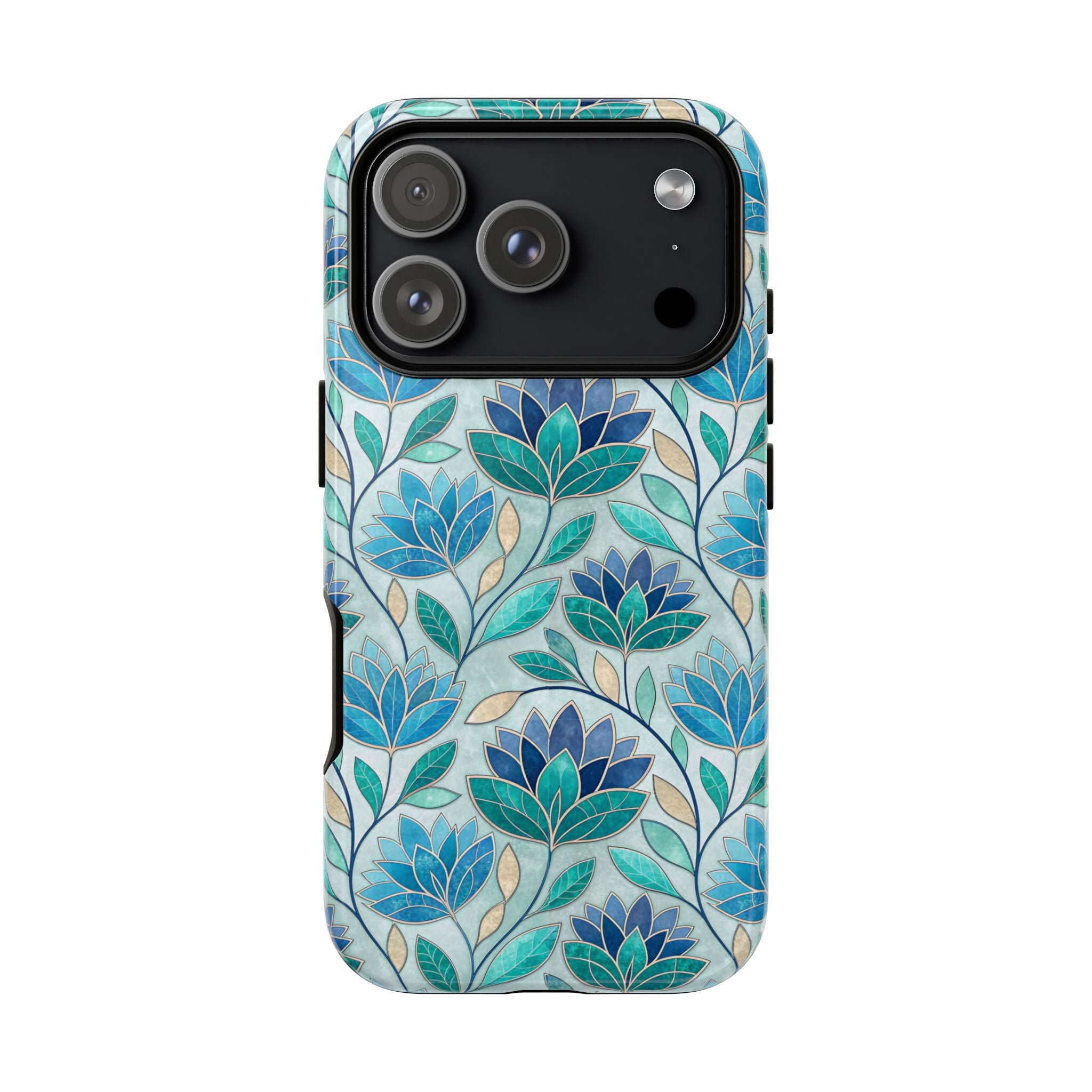 Mosaic iPhone Case, Stained Glass Floral Phone Cover, Teal Blue Protective Case, Matte Glossy Options, Artistic Mosaic Pattern