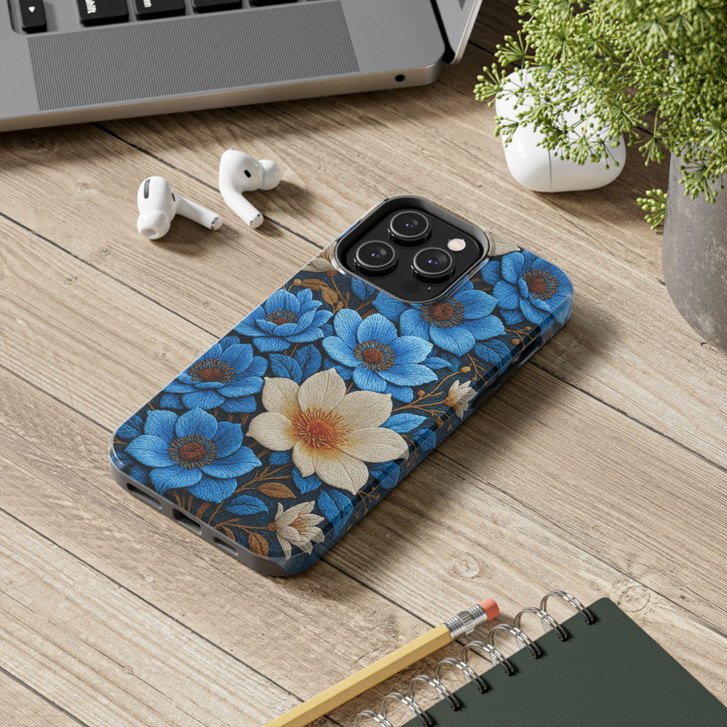 BLUESKYDEZIGN | Midnight Symphony Phone Case | Navy Blue Cream Botanical Floral iPhone Cover | Elegant Gift for Her