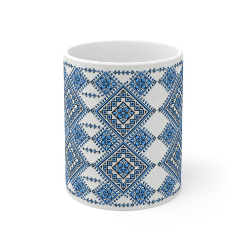 Blue Sky Folk Art Ceramic Mug | Ukrainian Heritage Geometric 11oz