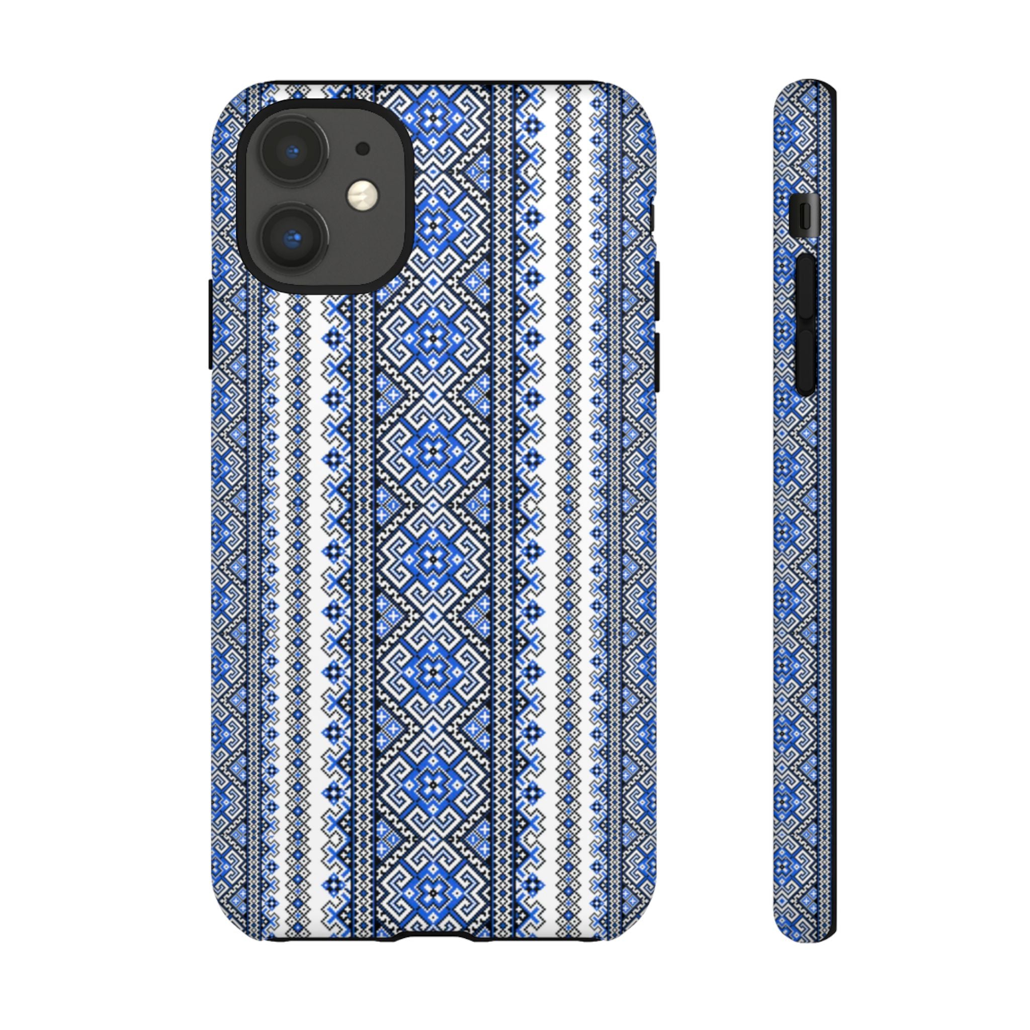 Ukrainian Pattern iPhone Case, Blue Black Geometric Folk Design, Protective Phone Cover, Traditional Ethnic Print