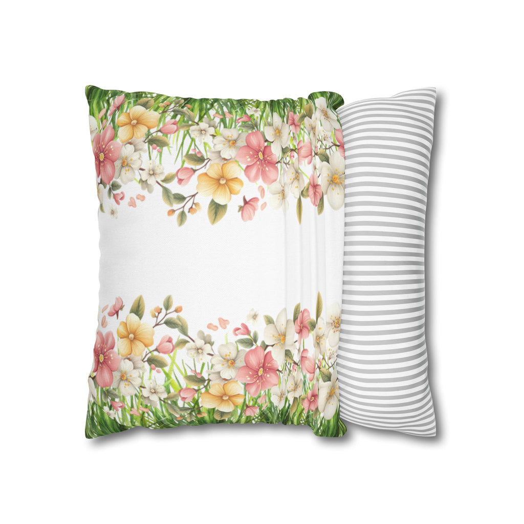 Spring Floral Pillowcase 1piece, Polyester Cushion Cover, Green Grass Border with Pink  White Flowers, Spring Home Decor