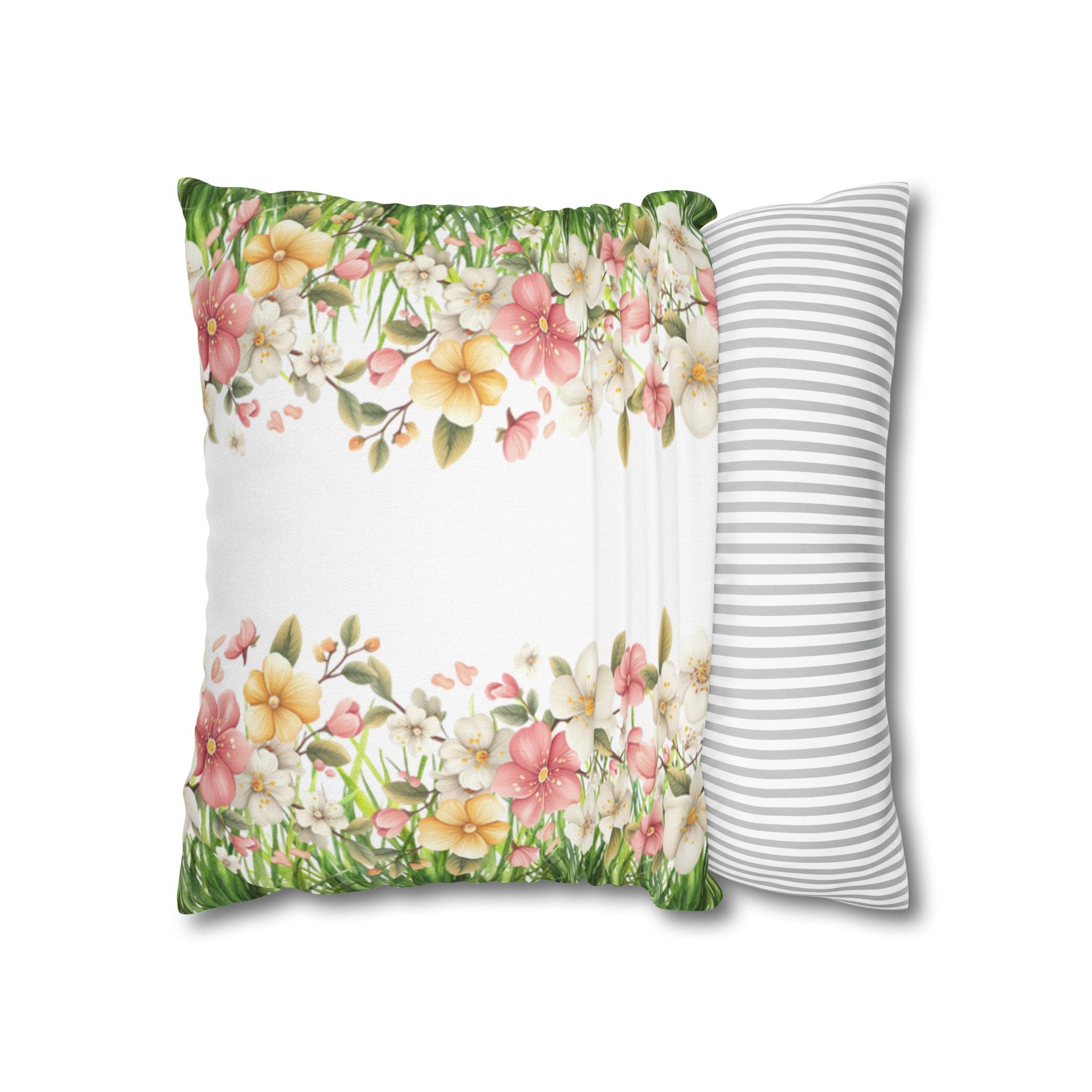 Spring Floral Pillowcase 1piece, Polyester Cushion Cover, Green Grass Border with Pink  White Flowers, Spring Home Decor
