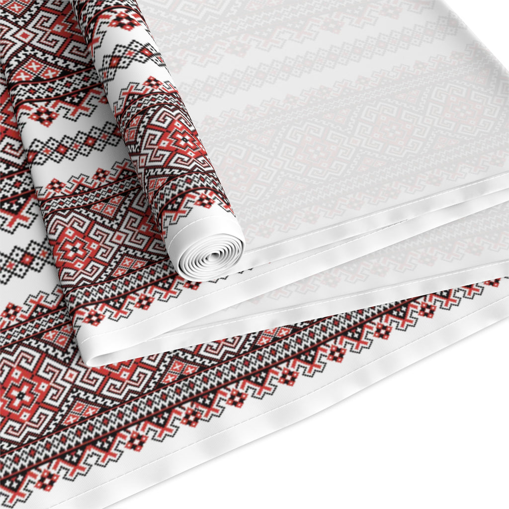 Stasia Red Folk Art Table Runner | Ukrainian Heritage Red & Black Geometric Linen