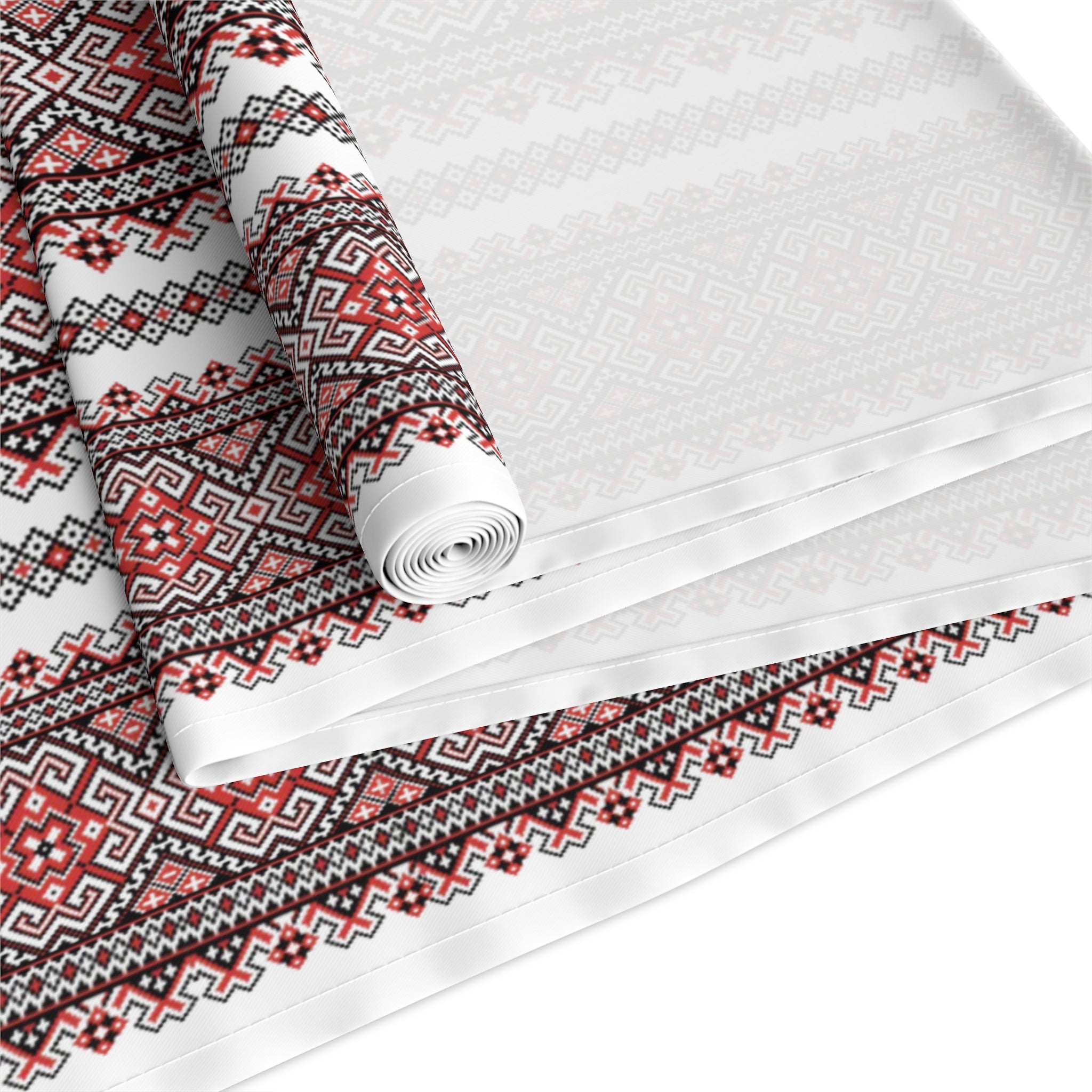 Stasia Red Folk Art Table Runner | Ukrainian Heritage Red & Black Geometric Linen
