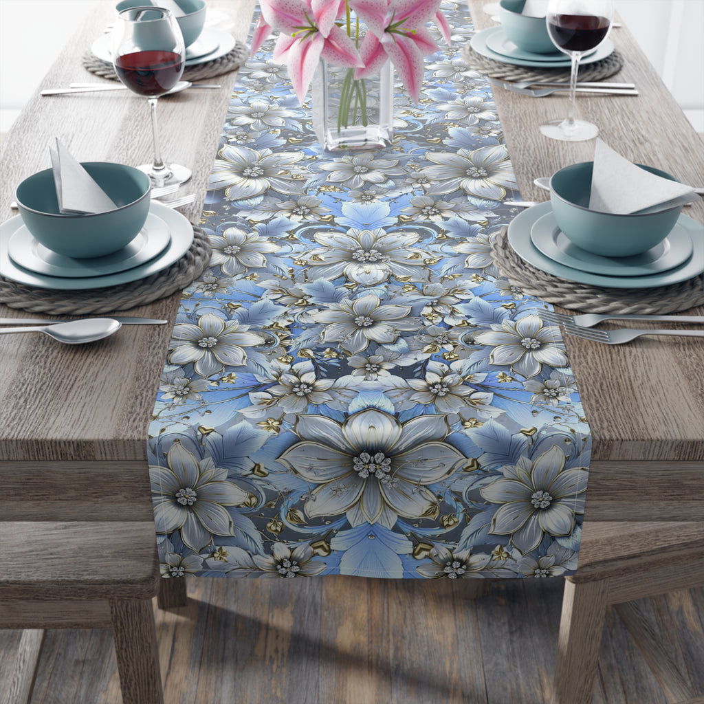 Blue Floral Table Runner – Vintage Botanical Farmhouse Decor, Cotton Twill or Polyester, 72" & 90"
