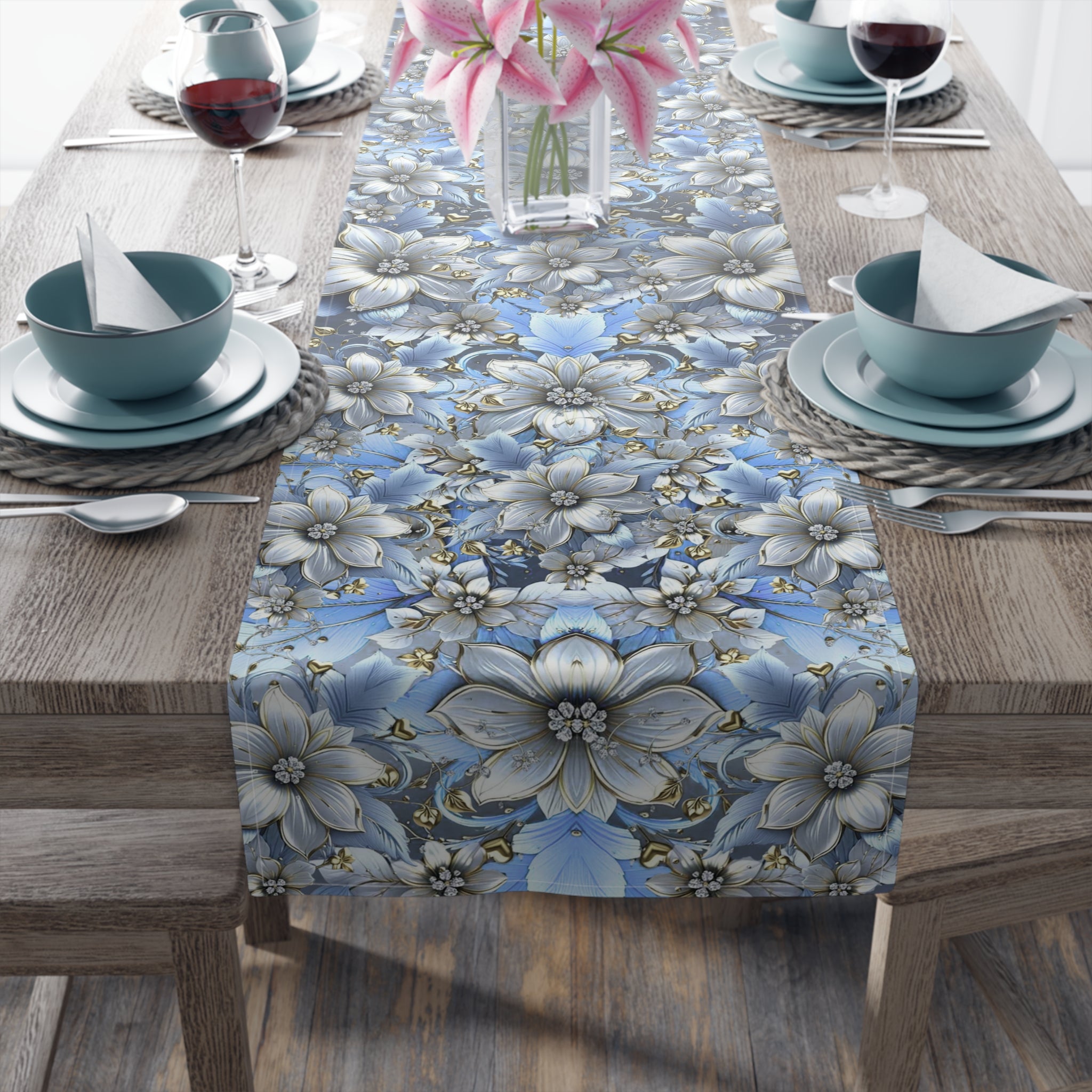 Blue Floral Table Runner – Vintage Botanical Farmhouse Decor, Cotton Twill or Polyester, 72" & 90"