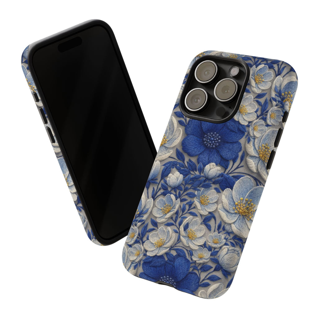 Denim Soul Indigo Floral Tough Phone Case – Dual-Layer Protective Cover for iPhone