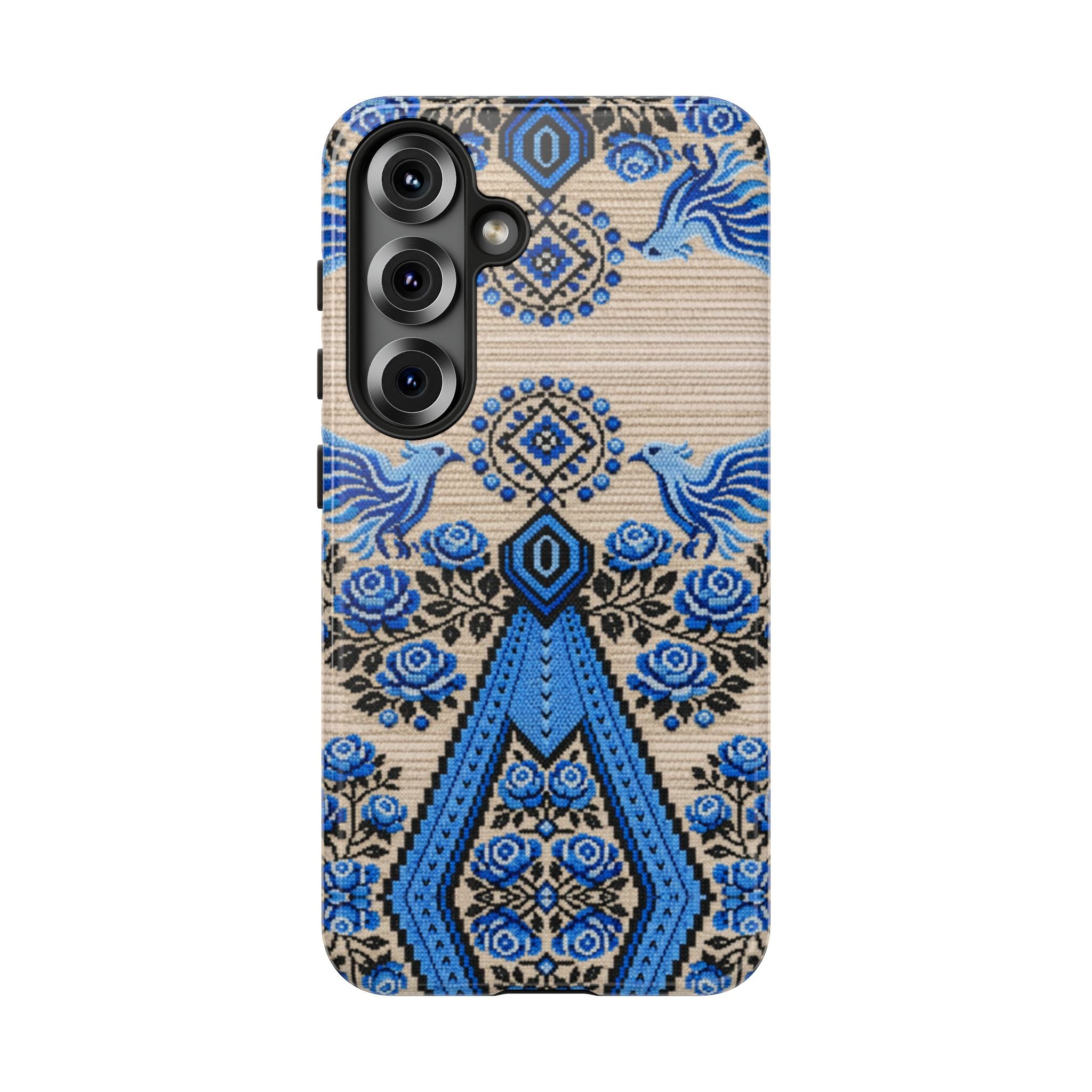 Ukrainian Phone Case  Blue Black Berehynia Design, Falcons & Roses Folk Art, Slavic Embroidery Style Protective Cover
