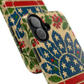 America 250 Heritage Floral tough phone case with vintage patriotic stars stripes and botanical wreath folk art pattern — hand-stitched heirloom style 1776-2026 anniversary design, dual-layer shockproof iPhone cover


