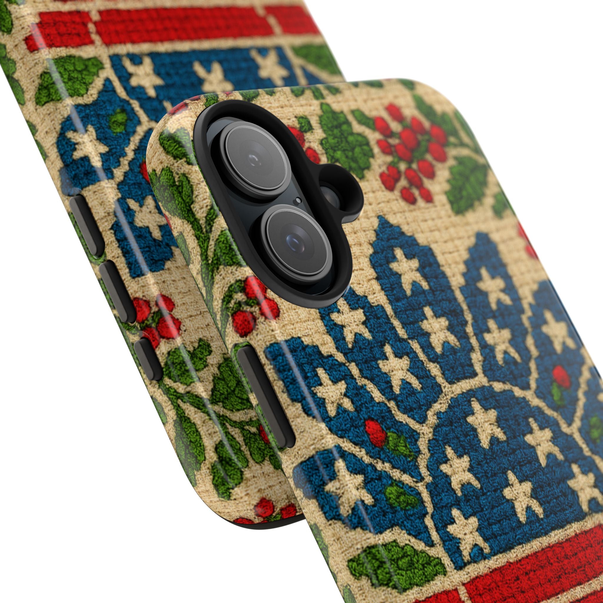 America 250 Heritage Floral tough phone case with vintage patriotic stars stripes and botanical wreath folk art pattern — hand-stitched heirloom style 1776-2026 anniversary design, dual-layer shockproof iPhone cover

