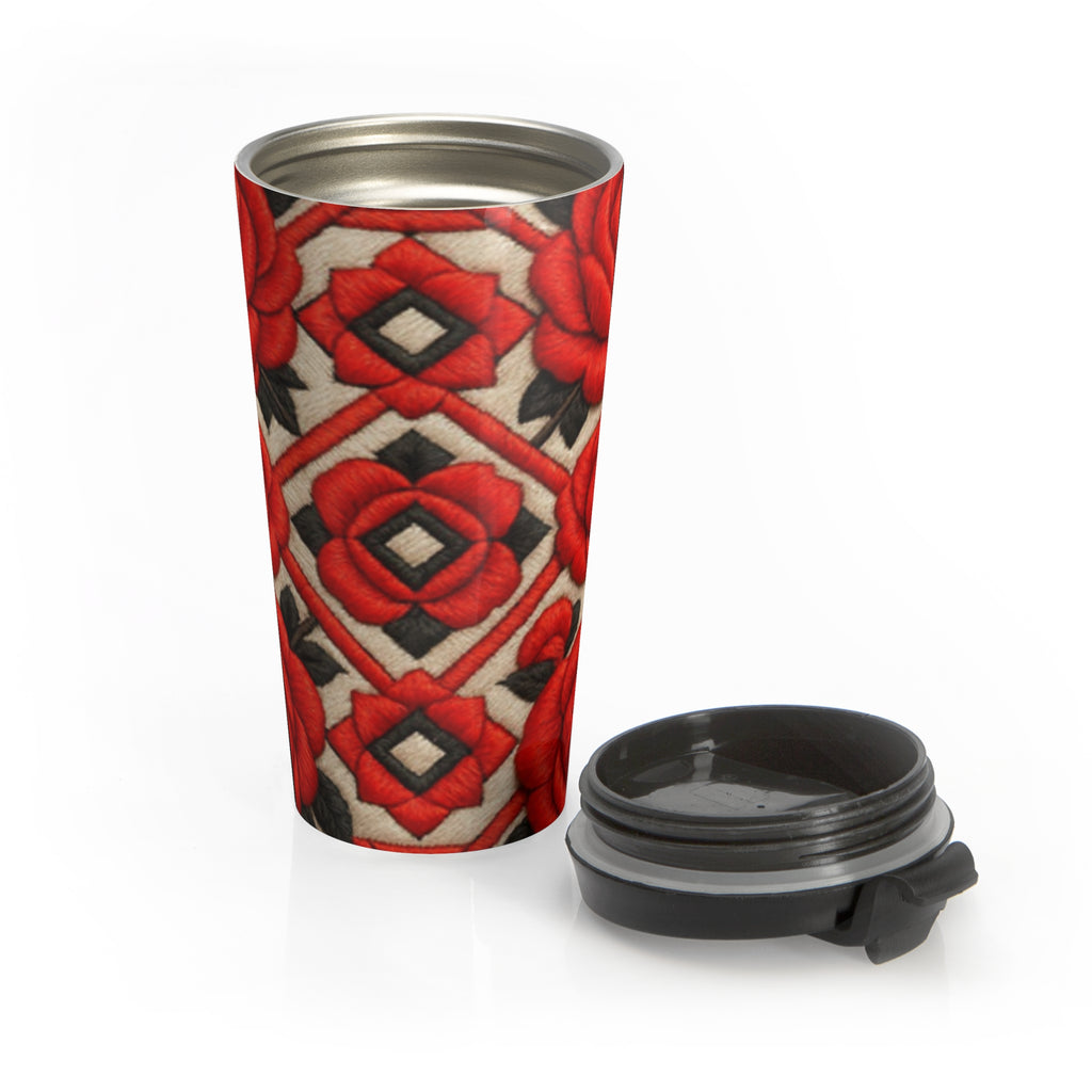 Vintage Red Rose Travel Mug, Stainless Steel Insulated Coffee Tumbler, Floral Folk Pattern Mug, Elegant Boho Rose Cute Gift for Her 15oz