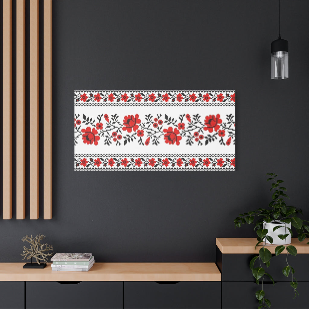 Ukrainian Embroidery Wall Art, Red Black Folk Floral Pattern, Traditional Slavic Home Decor Canvas for Living Room or Entryway, Matte Print, Stretched 1.25" Ready to Hang
