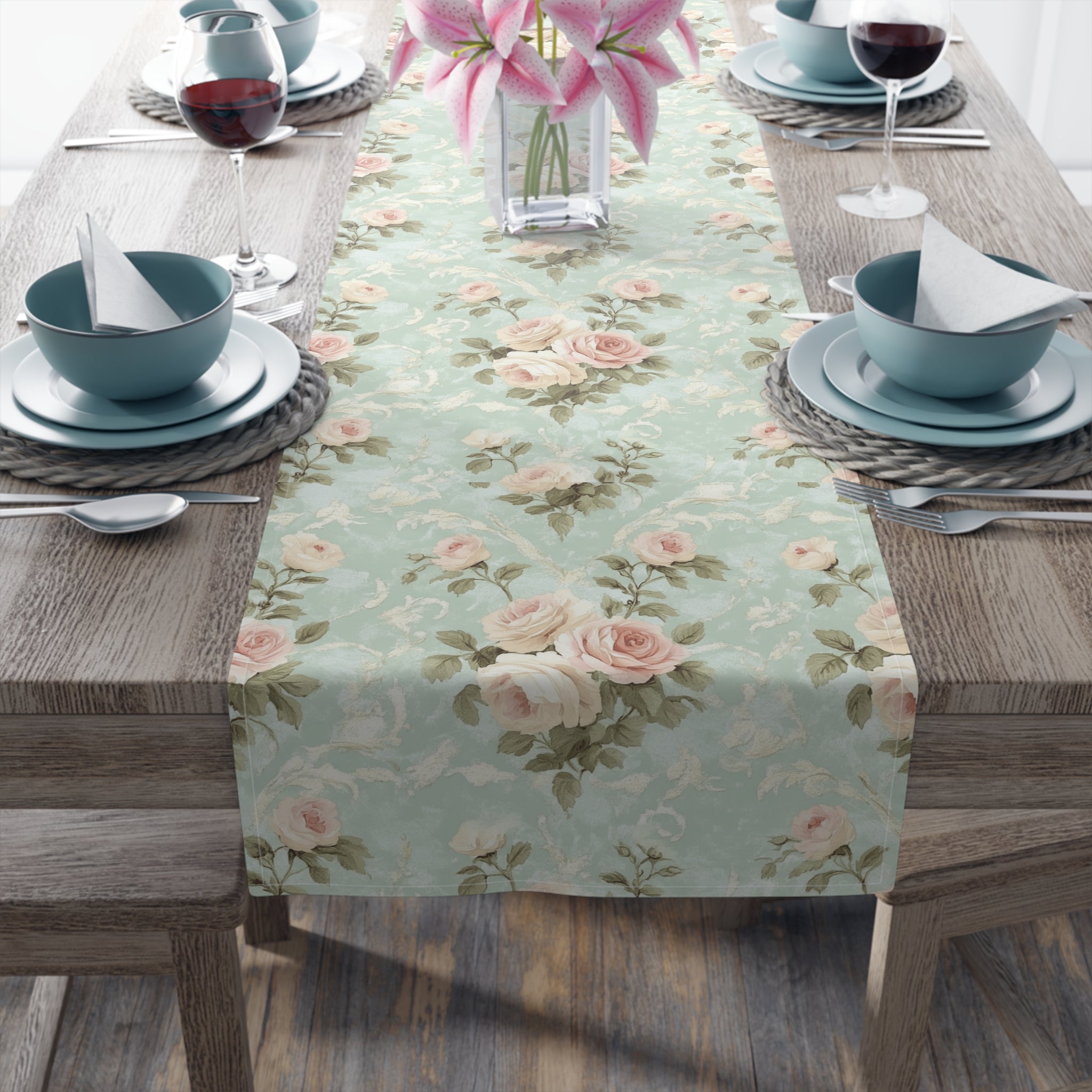 Vintage Pink Rose Pattern Table Runner | Floral Table Runner