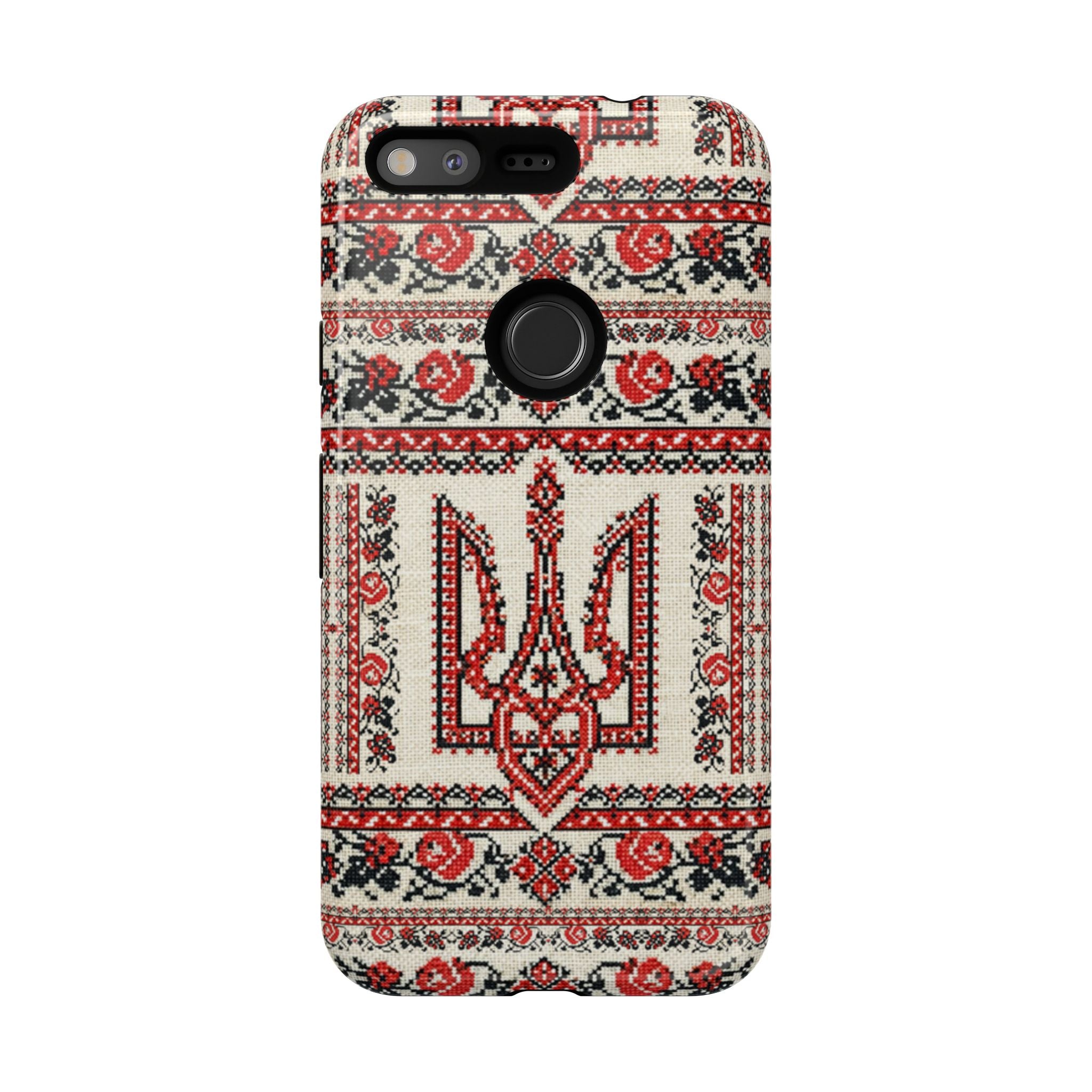 Ukrainian Trident Embroidery Phone Case • Red Black Trident Pattern • Protective Folk Art Cover for iPhone & Samsung