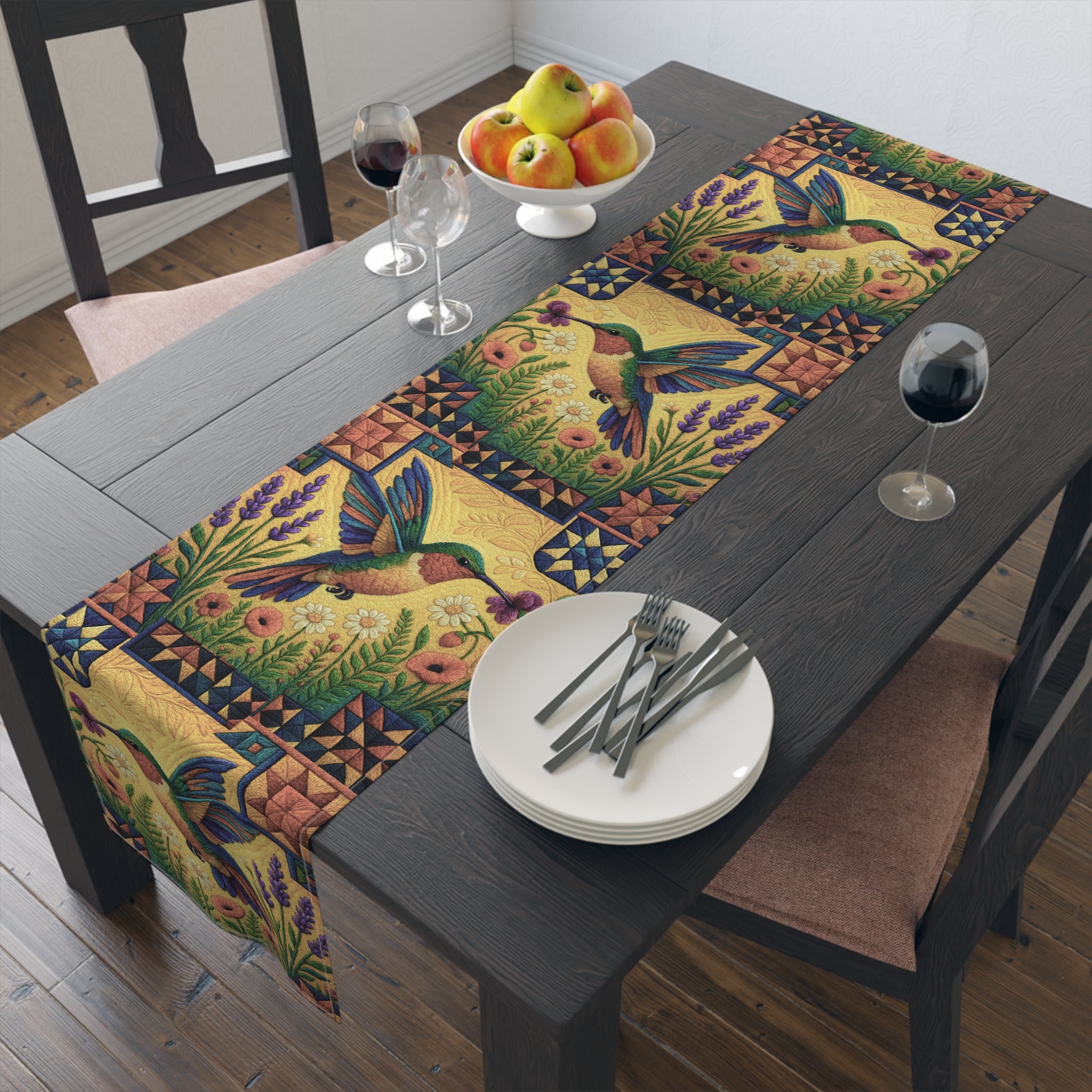 BLUESKYDEZIGN | Hummingbird Table Runner | Folk Art Floral Dining Decor | Cotton or Polyester | Farmhouse Kitchen Gift