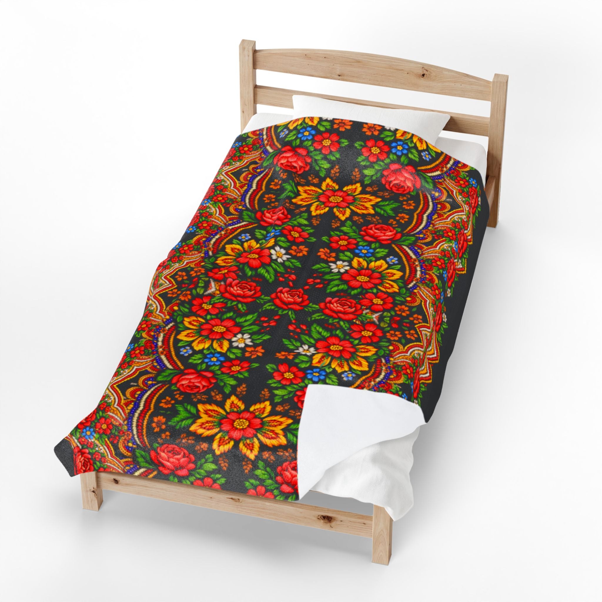 Mother's Bloom Plush Blanket | Ukrainian Folk Art Floral Throw | Boho Heritage Decor