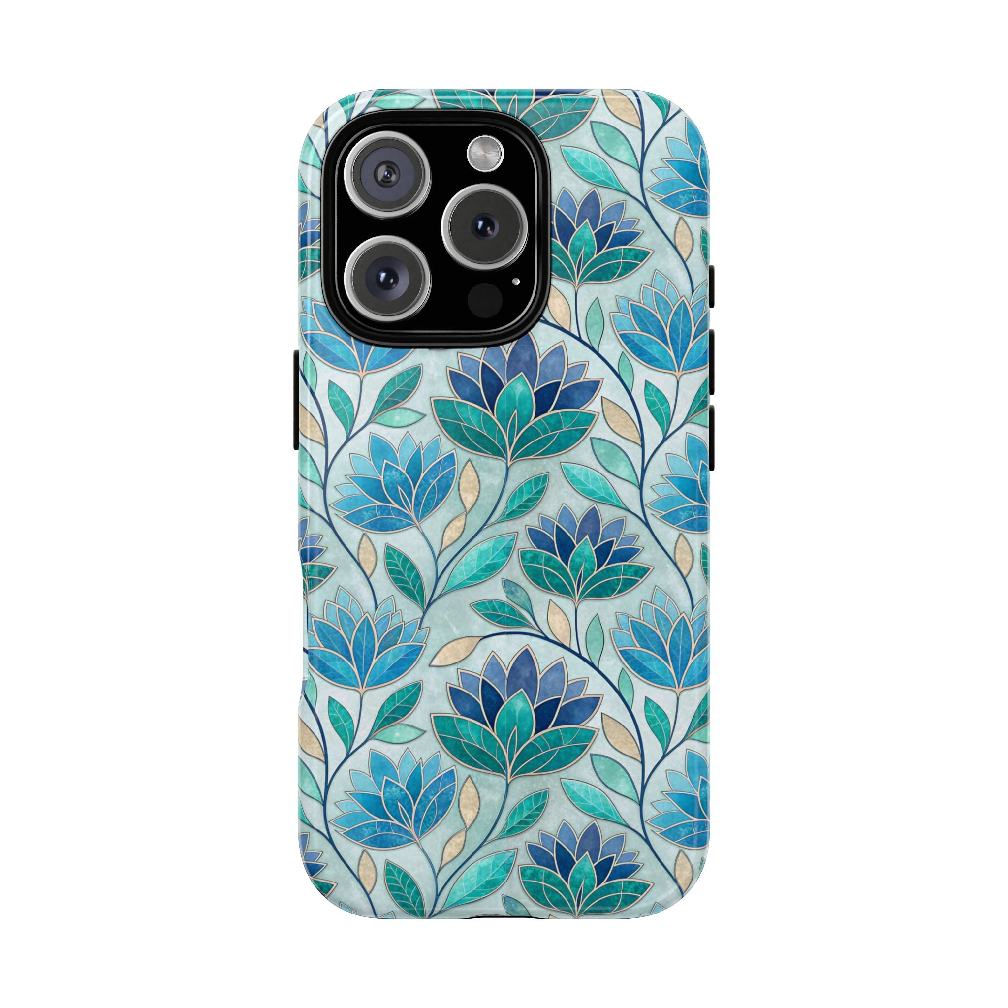 Mosaic iPhone Case, Stained Glass Floral Phone Cover, Teal Blue Protective Case, Matte Glossy Options, Artistic Mosaic Pattern