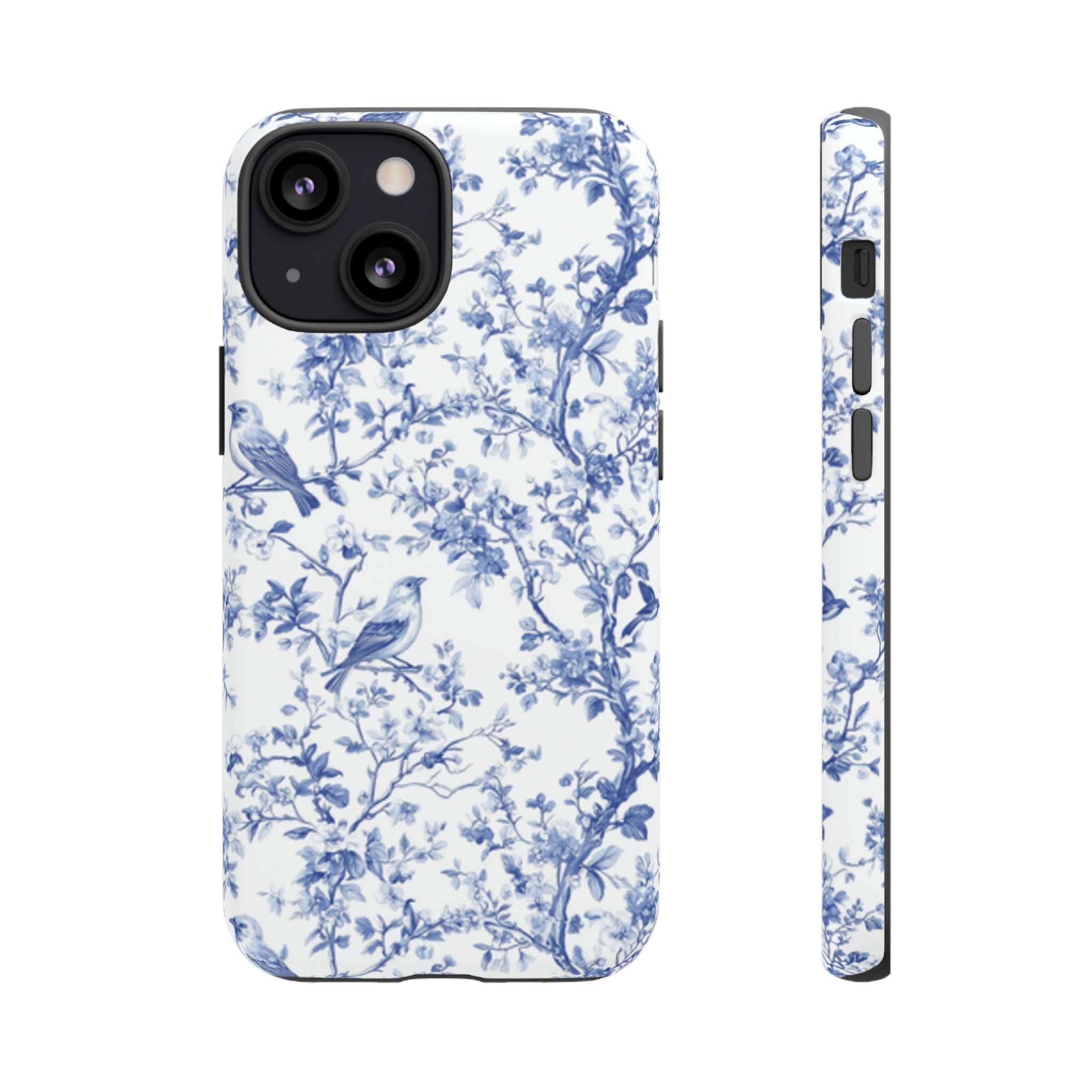 Blue Floral Vine Phone Case, Toile-inspired romantic floral Marbleized Branch Pattern