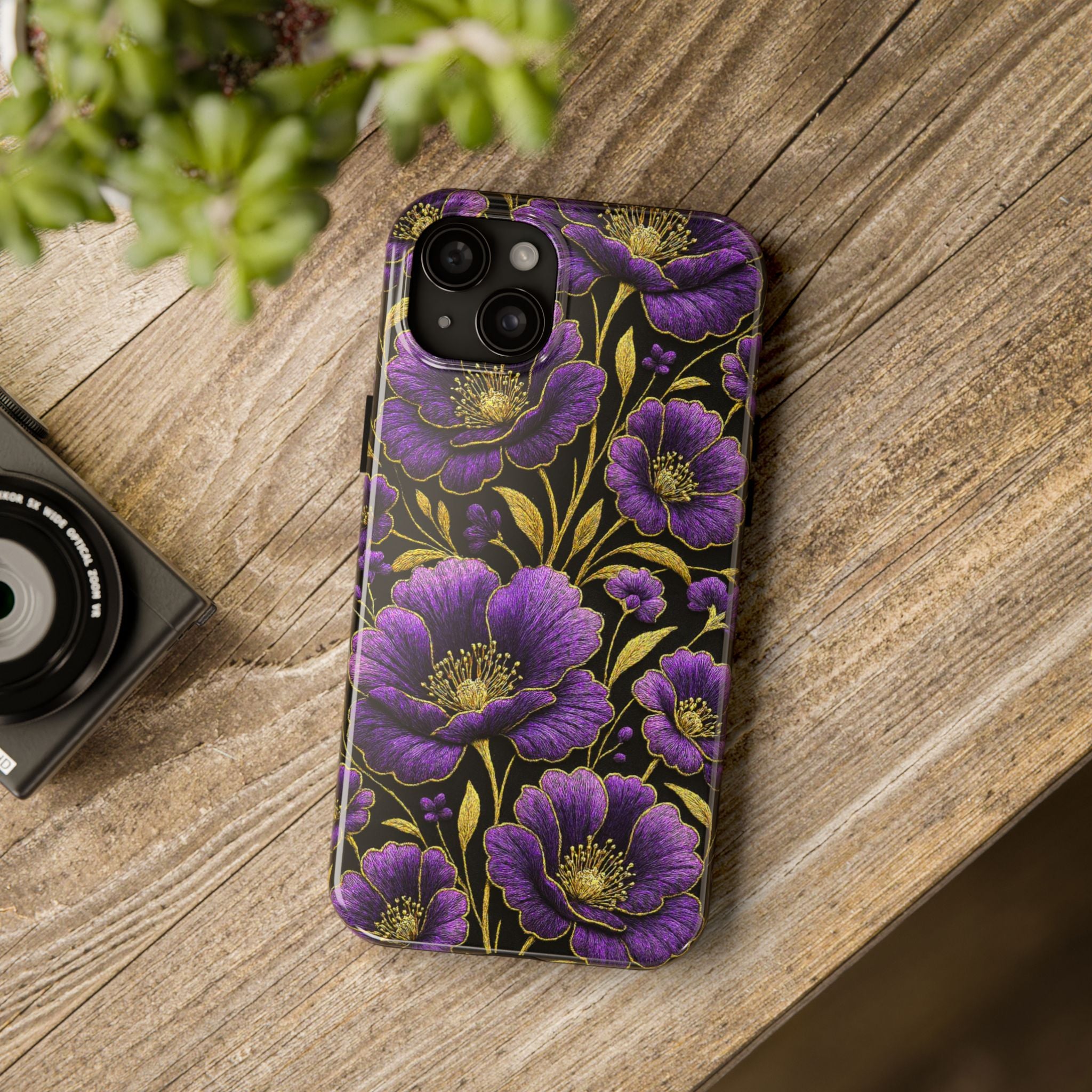 Petrykivka Bloom Phone Case | Purple Poppy Gold Tough Case | Embroidered Look Floral Aesthetic Cover